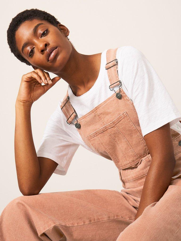 Kelly Casual Wide Leg Dungarees in MID CORAL - MODEL FRONT