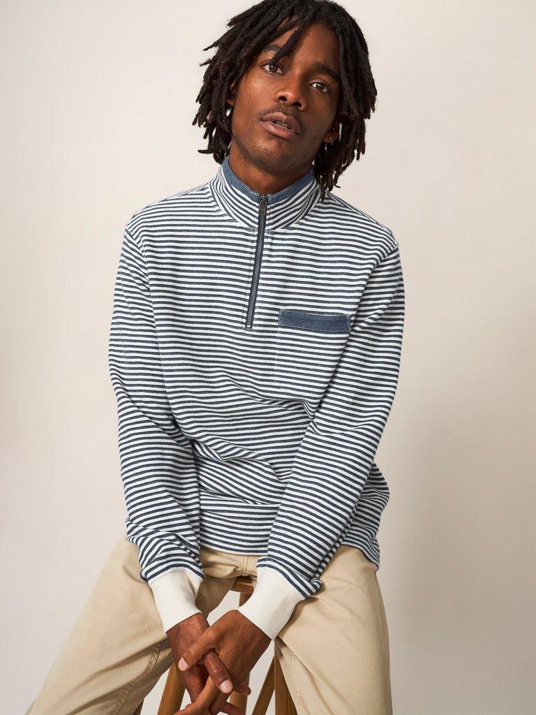 Garcie Stripe Zip Neck Jumper in CHAMB BLUE - LIFESTYLE