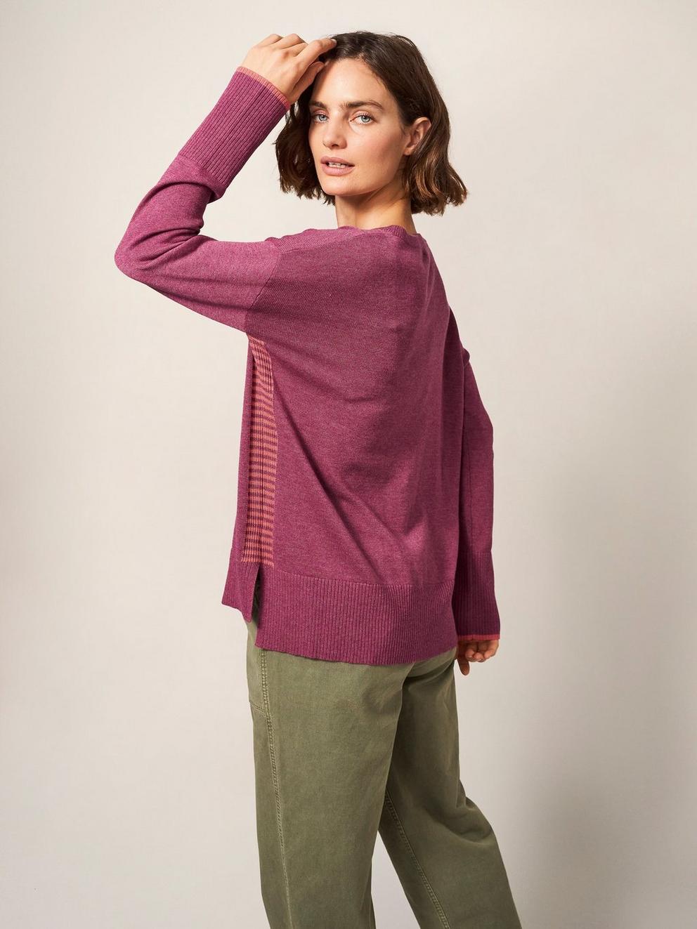 Olive Crew Neck Jumper in BRT PINK - MODEL BACK