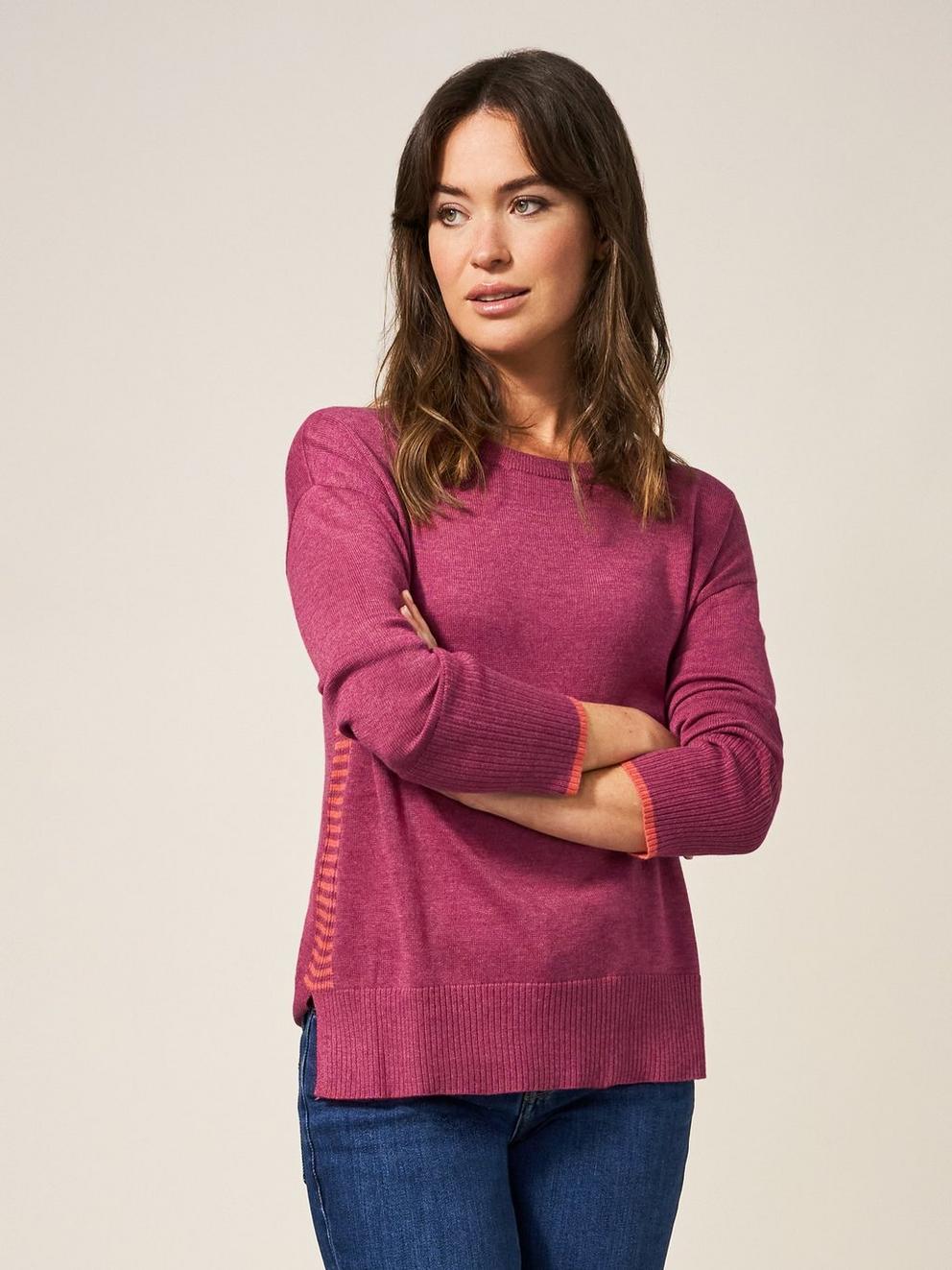 Olive Crew Neck Jumper in BRT PINK - MODEL FRONT