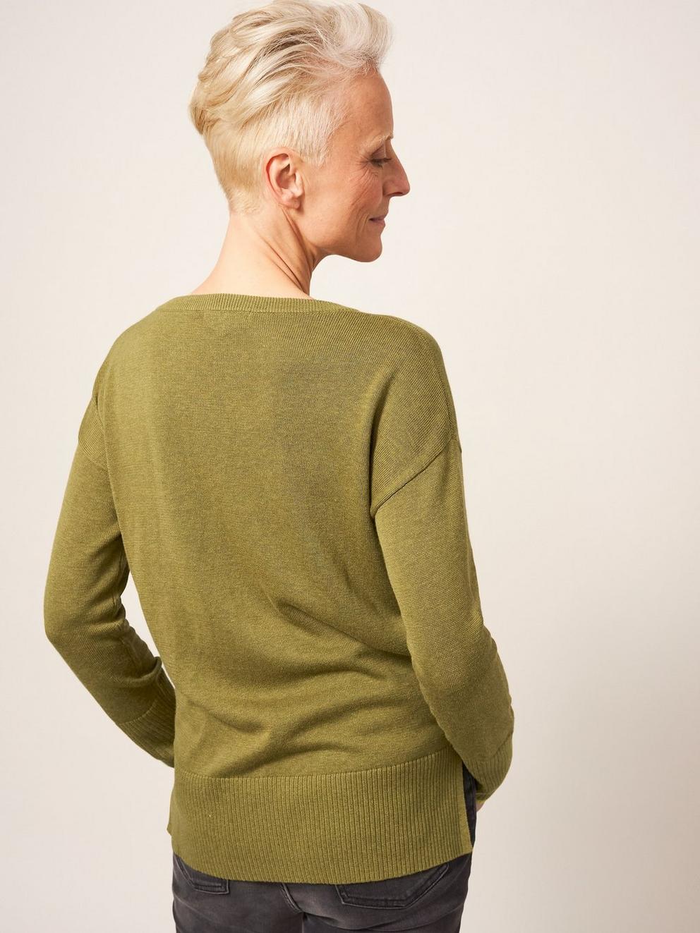 Olive Crew Neck Jumper in DEEP GRN - MODEL BACK