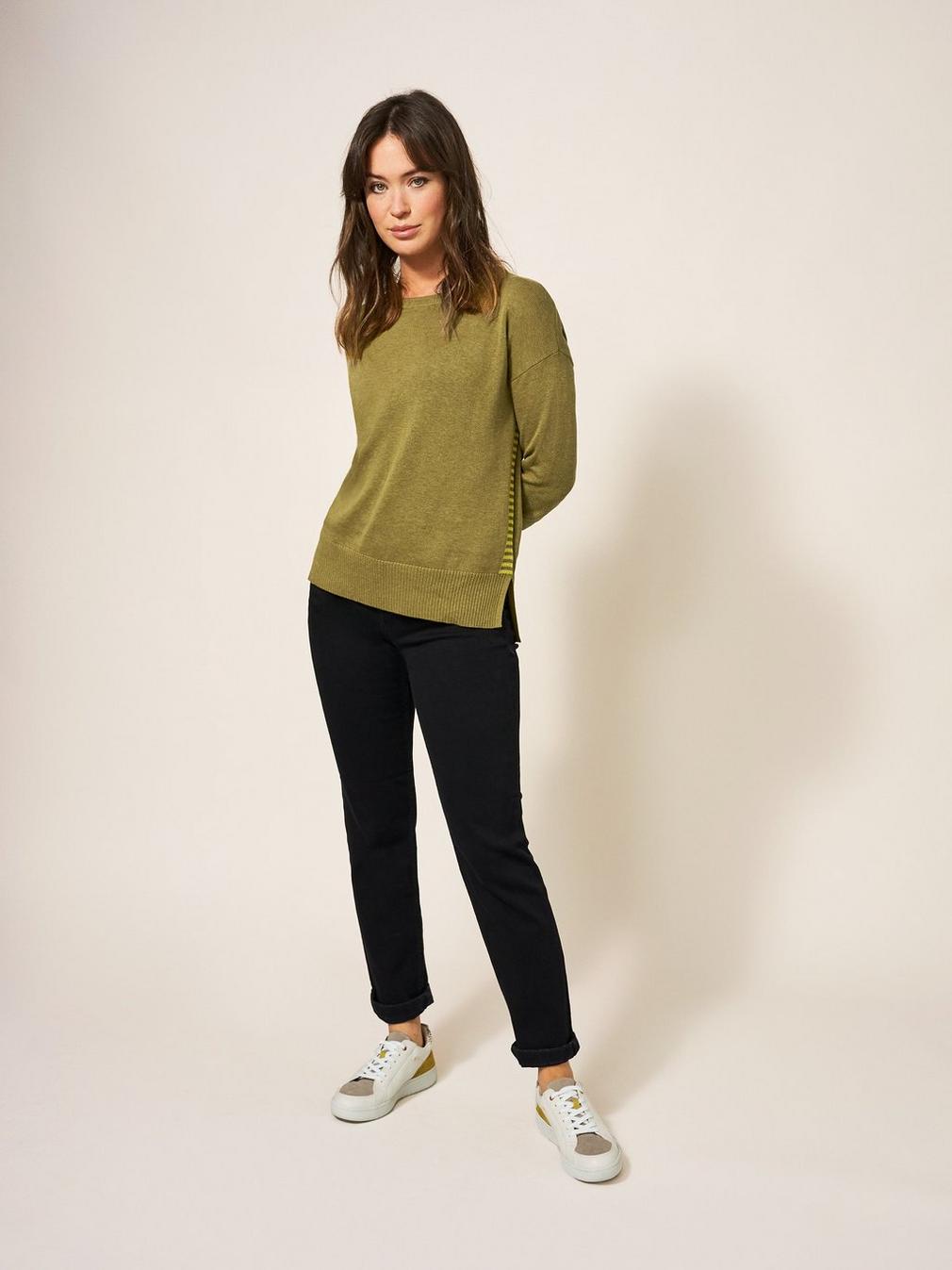 Olive Crew Neck Jumper in DEEP GRN - MODEL FRONT