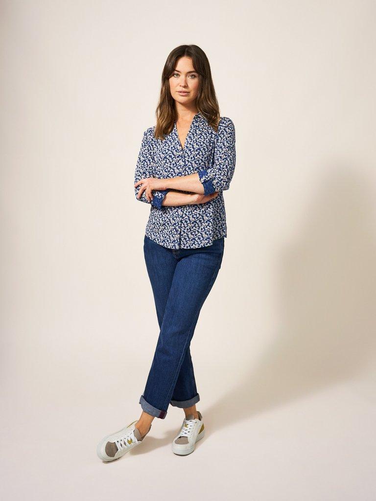 Annie Jersey Printed Shirt in NAVY PR - MODEL FRONT