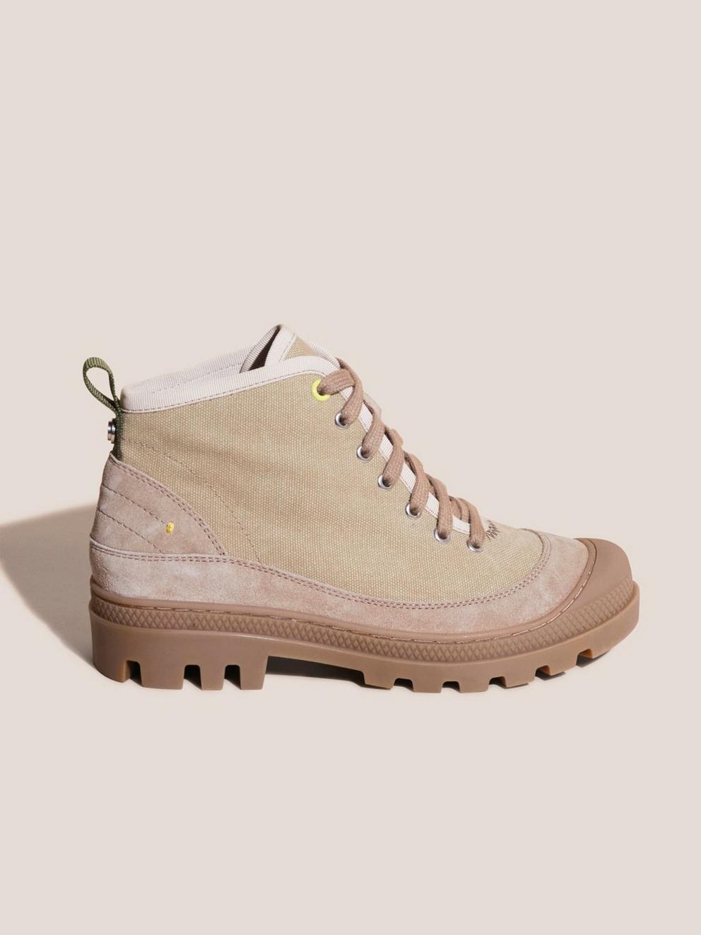 Paisley Canvas Lace Up Boot in DK NAT - MODEL FRONT