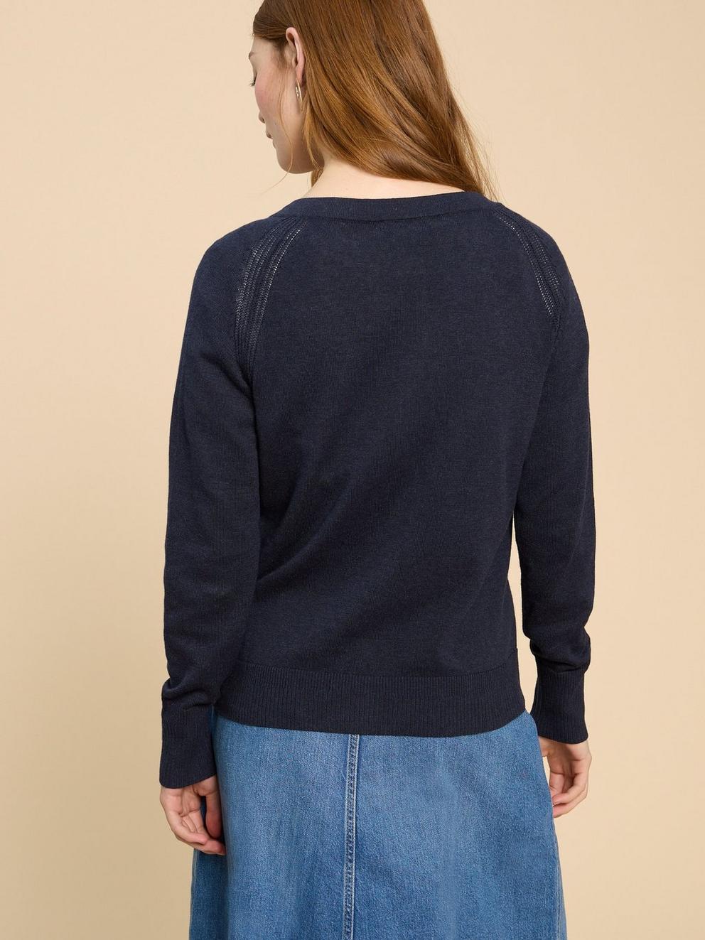 Lulu Crew Neck Cardigan in DARK NAVY - MODEL BACK