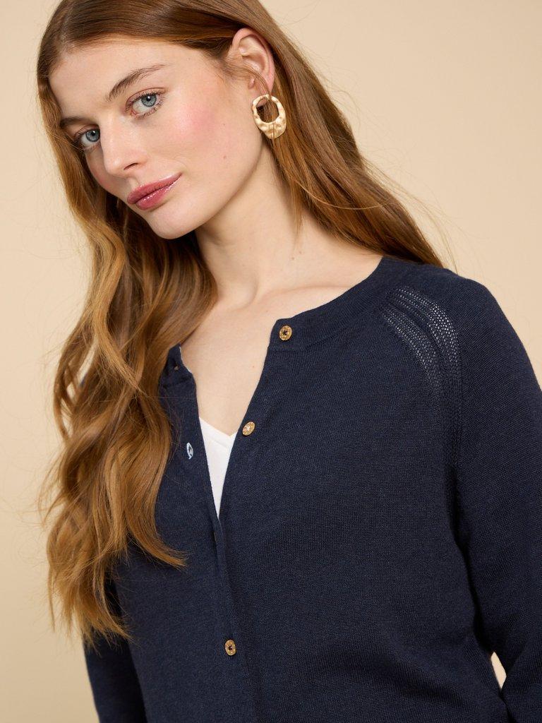 Lulu Crew Neck Cardigan in DARK NAVY - MODEL DETAIL