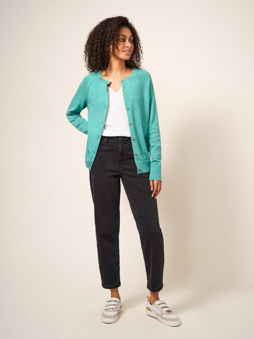 Lulu Crew Neck Cardigan in MID TEAL - LIFESTYLE