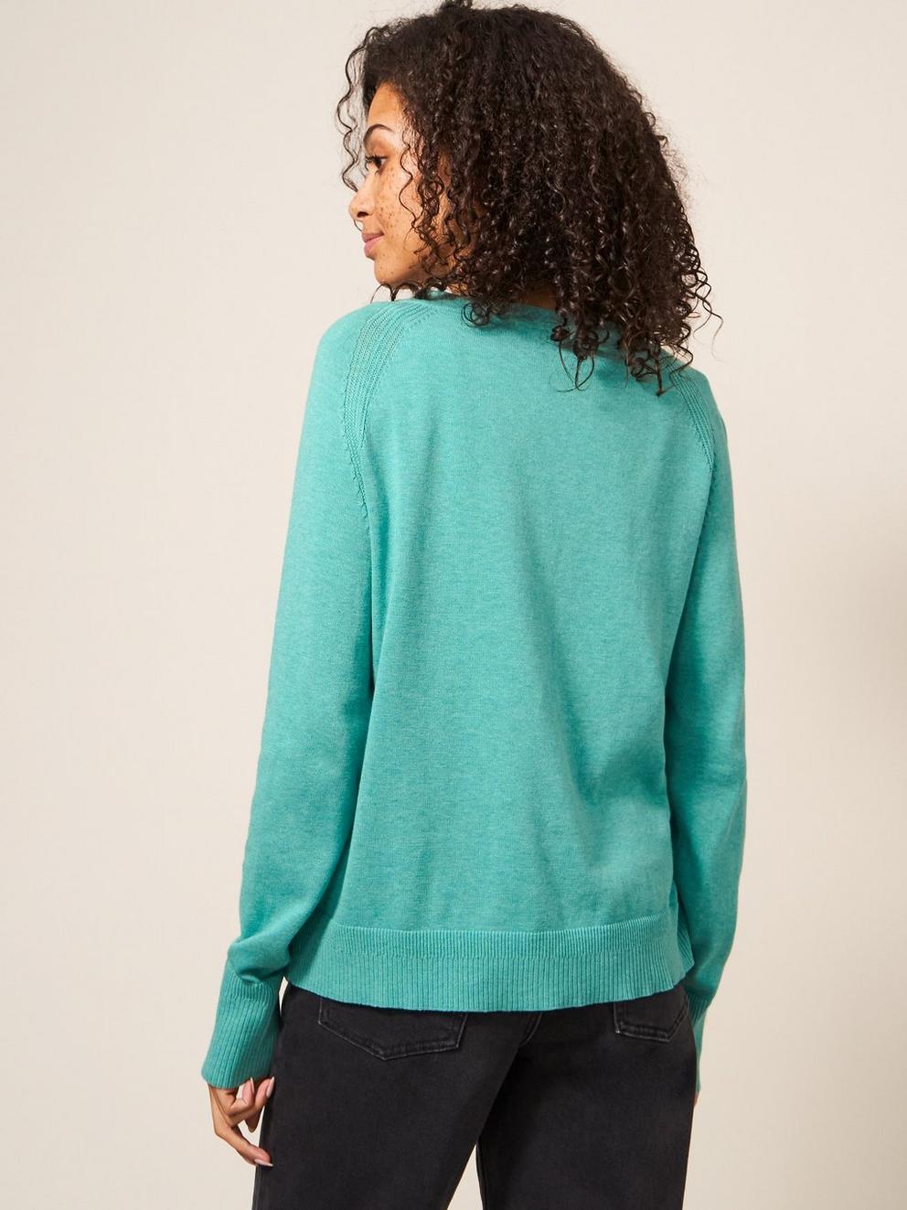Lulu Crew Neck Cardigan in MID TEAL - MODEL BACK