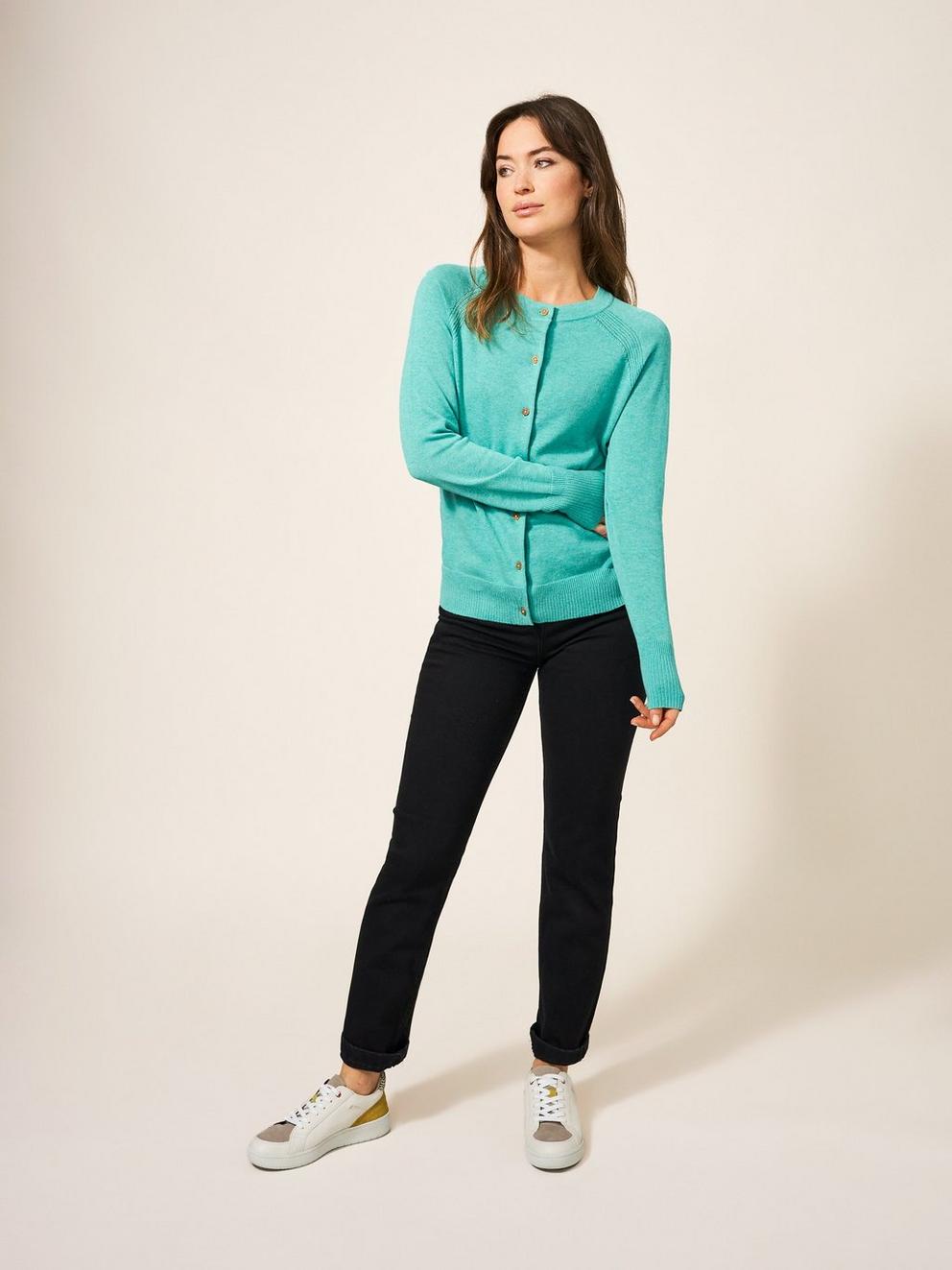 Lulu Crew Neck Cardigan in MID TEAL - MODEL FRONT