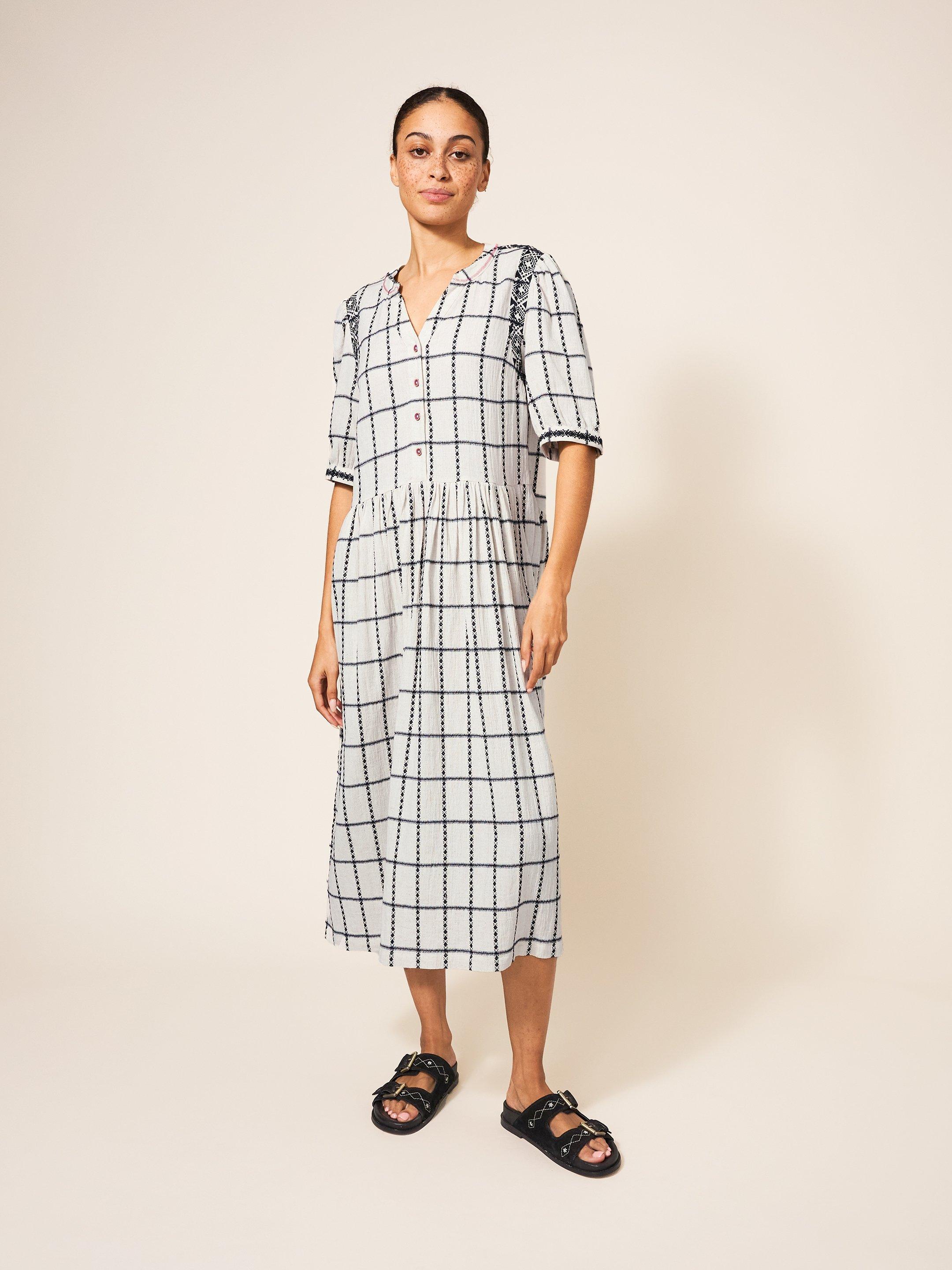 Anya Check Embroidered Dress in NAT MLT - LIFESTYLE