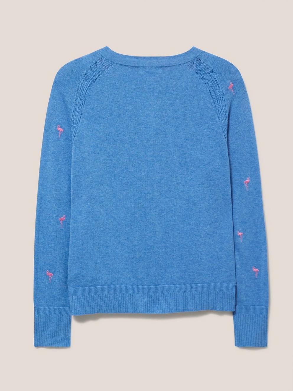 Lulu Embroidered Crew Neck Cardi in BLUE MLT - FLAT BACK