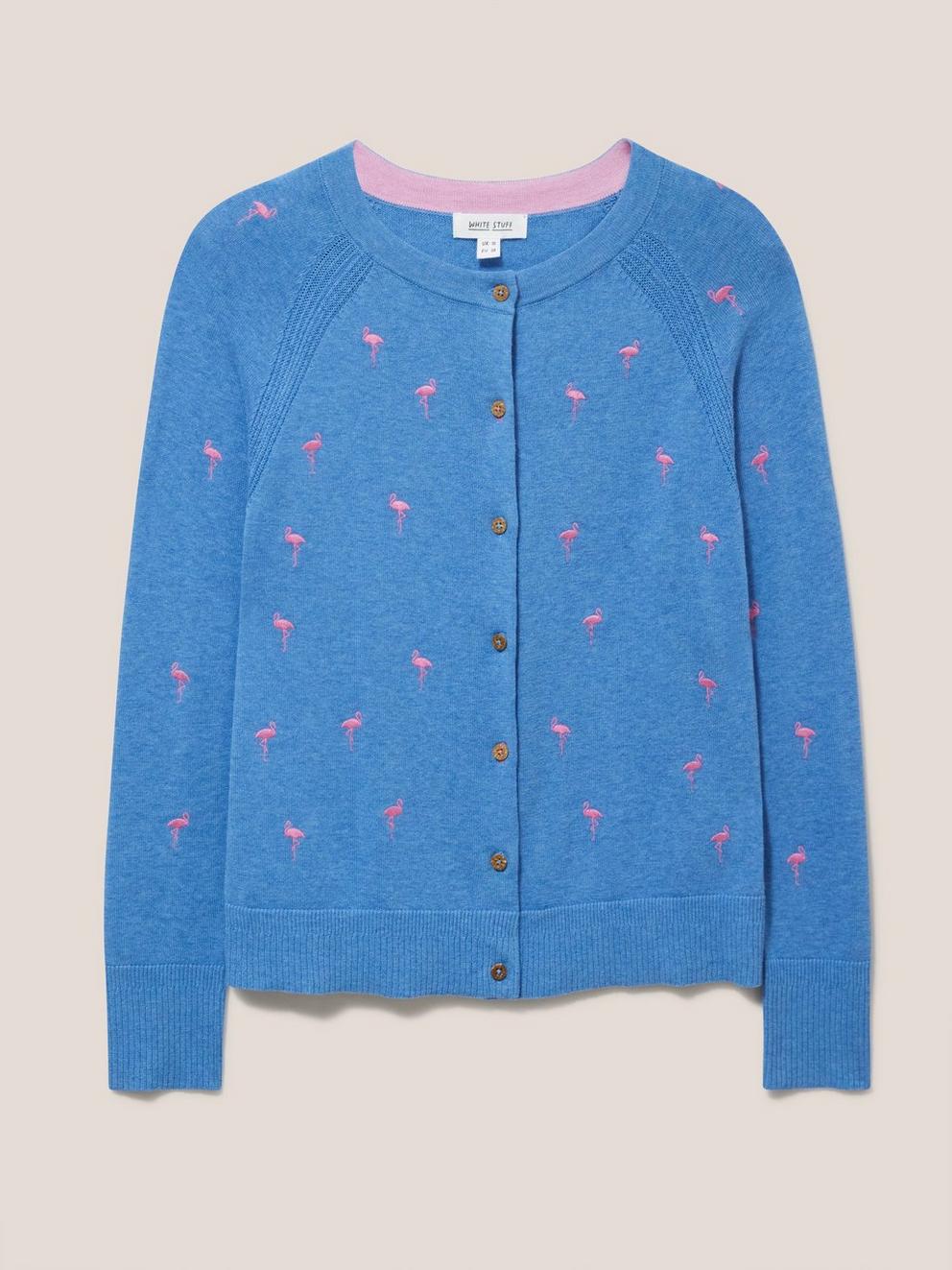 Lulu Embroidered Crew Neck Cardi in BLUE MLT - FLAT FRONT