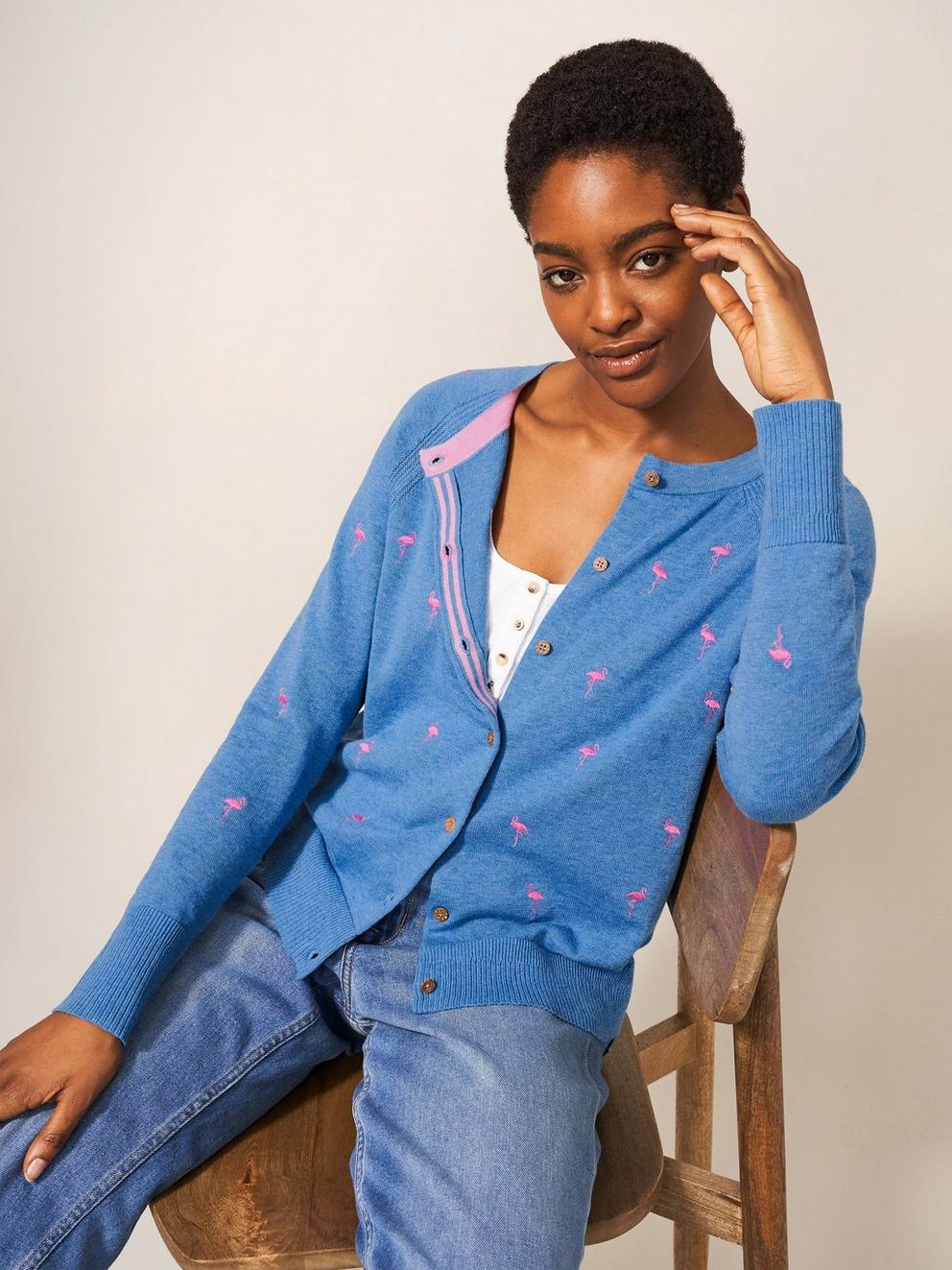 Lulu Embroidered Crew Neck Cardi in BLUE MLT - LIFESTYLE