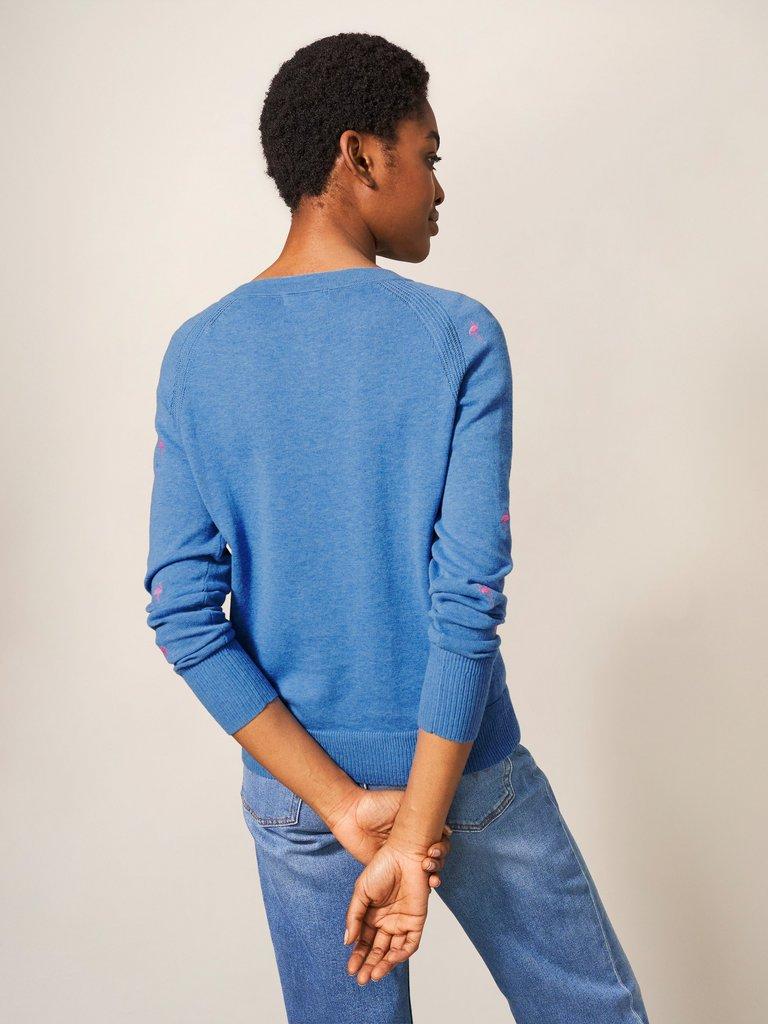 Lulu Embroidered Crew Neck Cardi in BLUE MLT - MODEL BACK