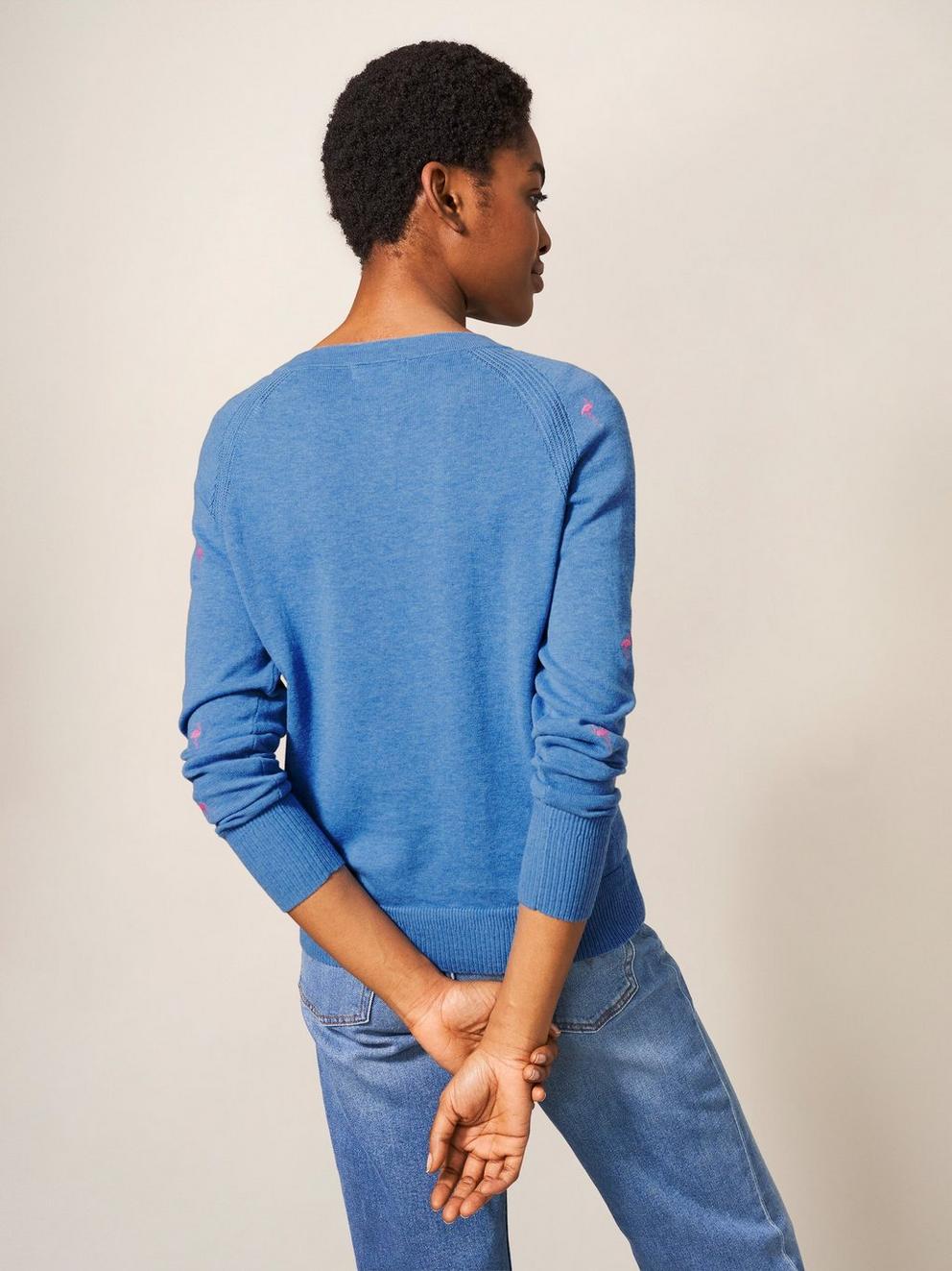 Lulu Embroidered Crew Neck Cardi in BLUE MLT - MODEL BACK
