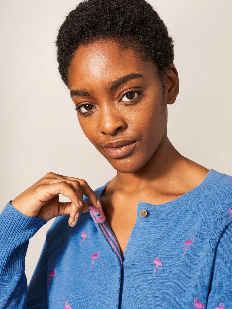 Lulu Embroidered Crew Neck Cardi in BLUE MLT - MODEL DETAIL