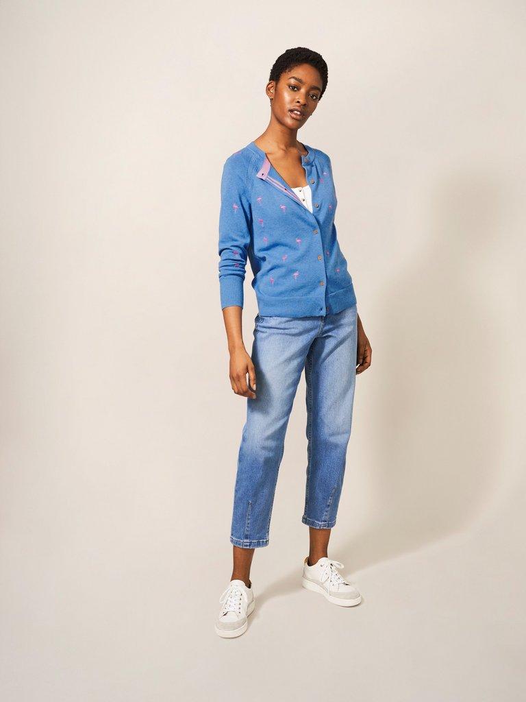 Lulu Embroidered Crew Neck Cardi in BLUE MLT - MODEL FRONT