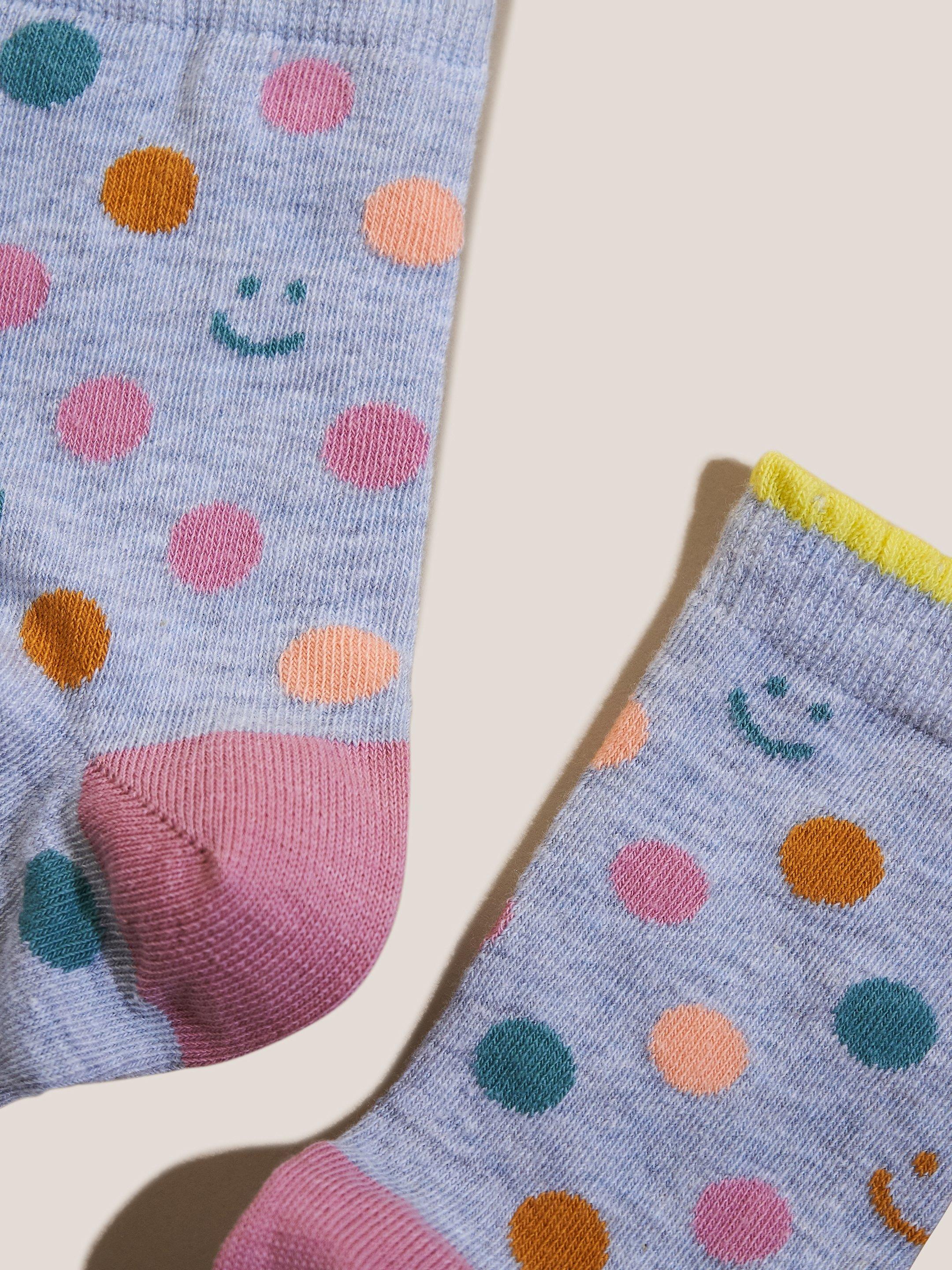Spot Smiley Face Socks in BLUE MLT - FLAT FRONT