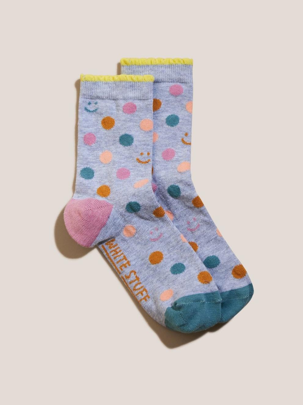 Spot Smiley Face Socks in BLUE MLT - MODEL FRONT