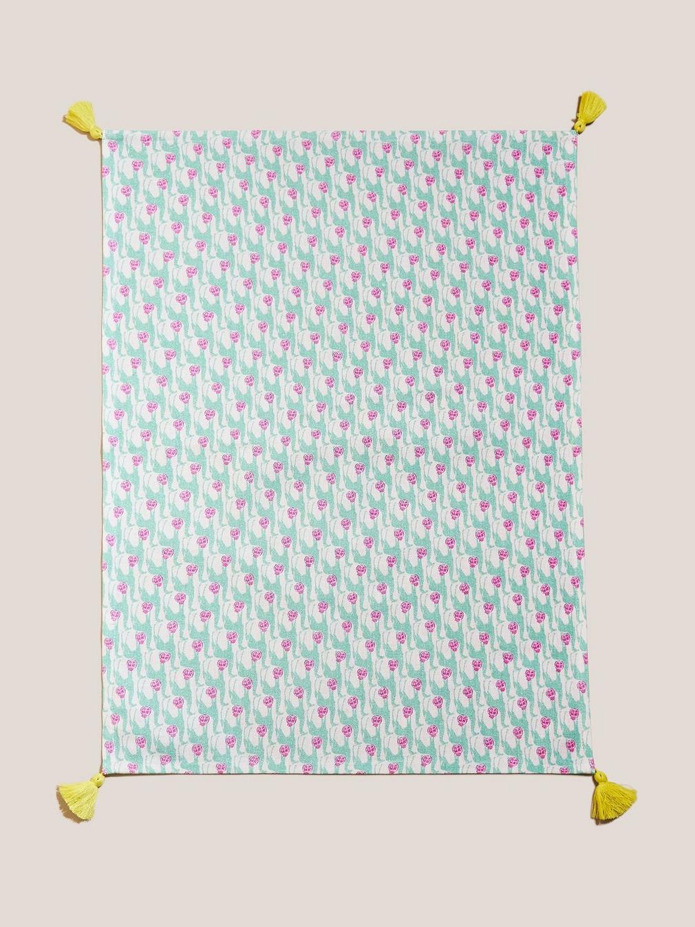 Giraffes Tea Towel in BLUE MLT - MODEL FRONT