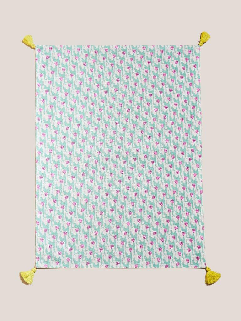 Giraffes Tea Towel in BLUE MLT - MODEL FRONT