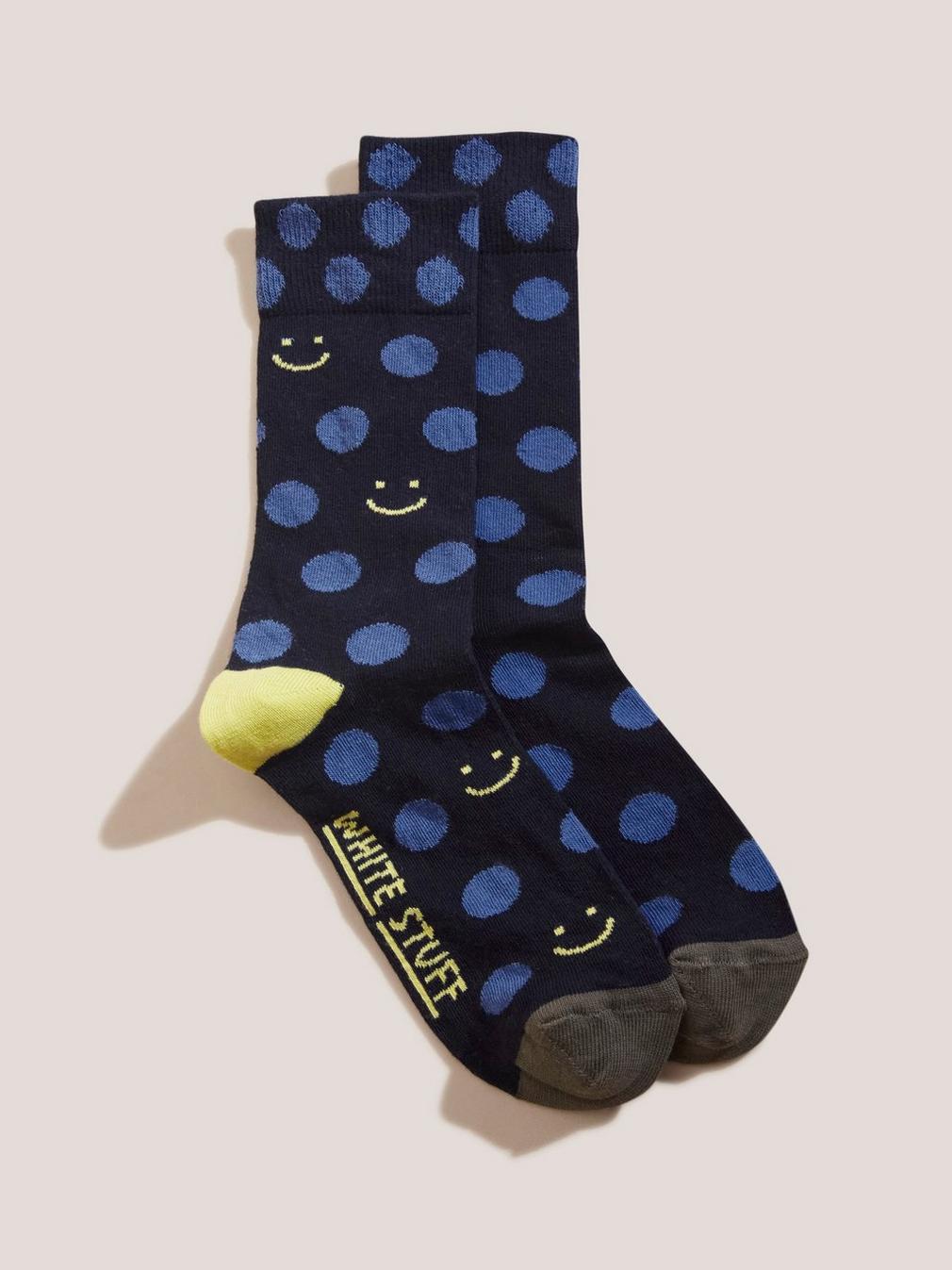 Smiley Spot Sock in NAVY MULTI - MODEL FRONT