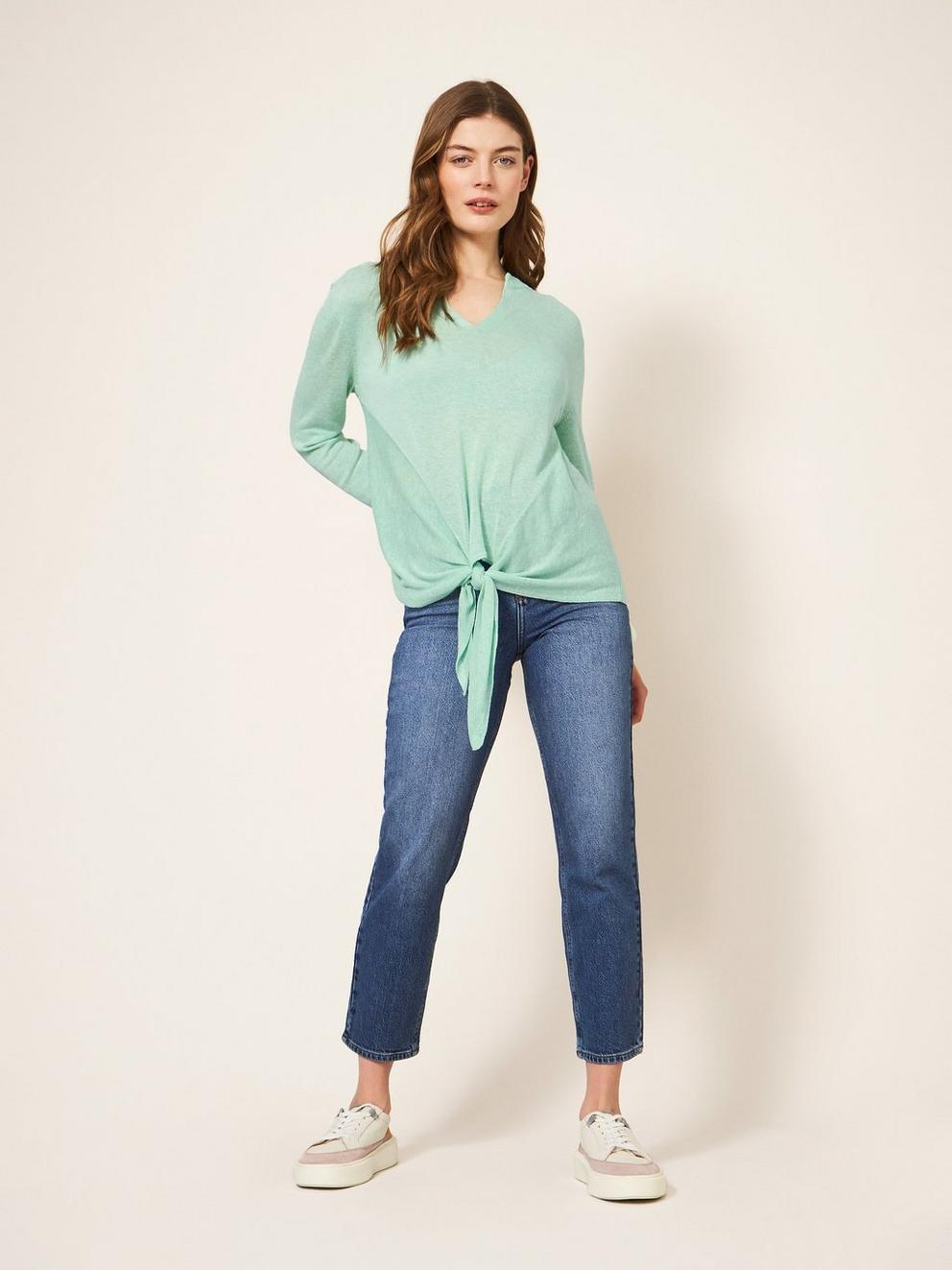 TIE HEM JUMPER in LGT TEAL - MODEL FRONT