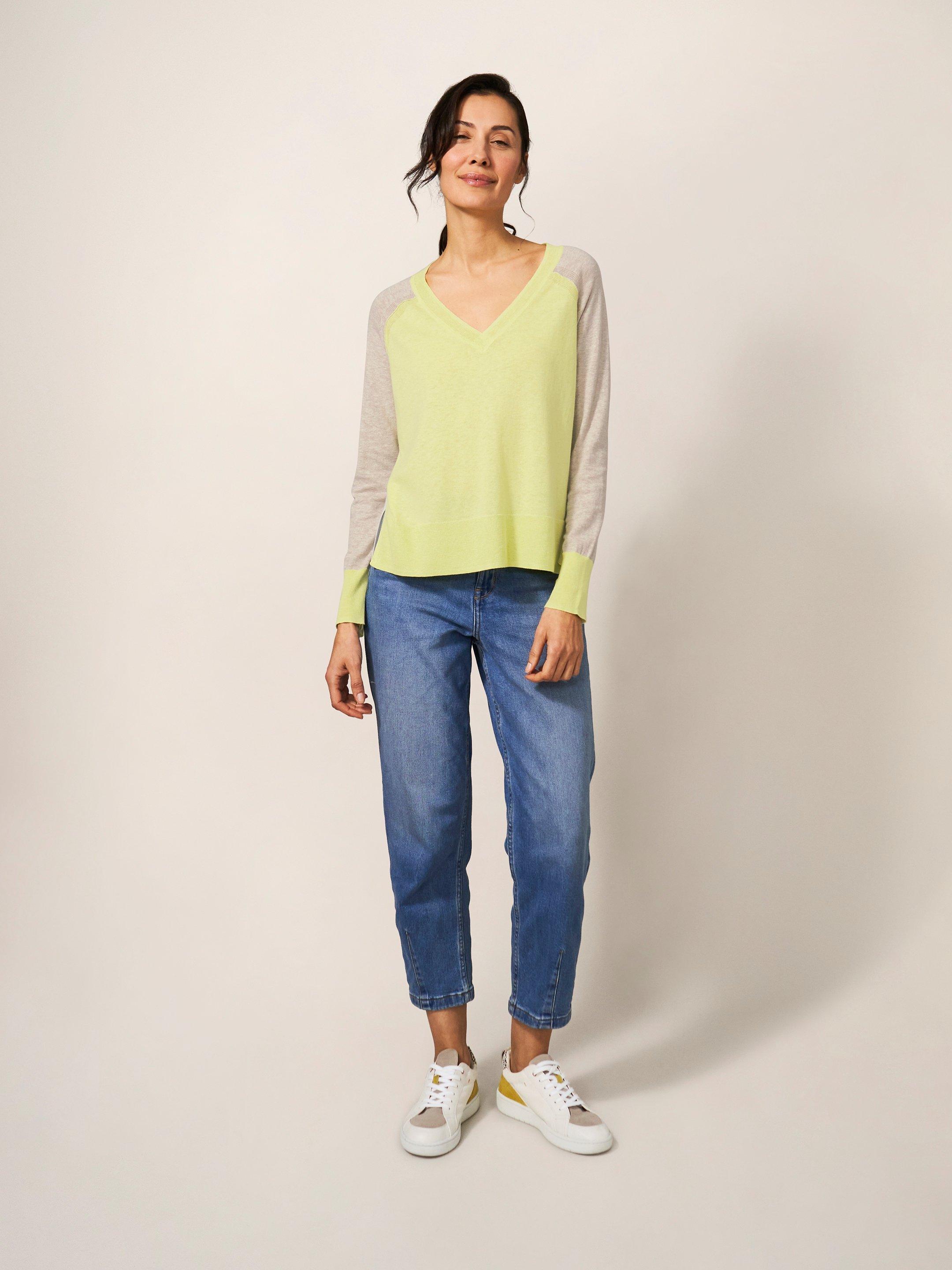 CARRIE COLOURBLOCK JUMPER in YELLOW MLT - MODEL FRONT