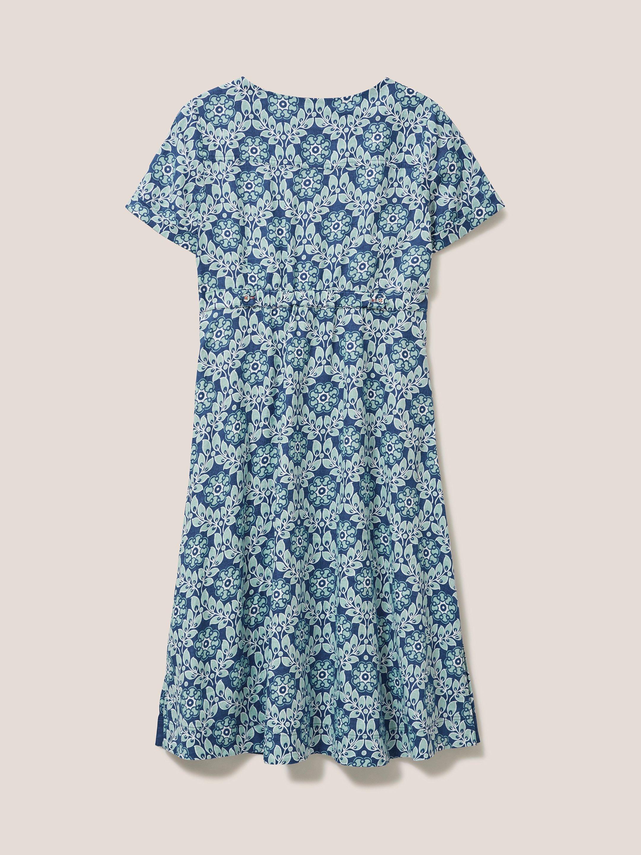 Ivy Linen Short Sleeve Midi Dress in BLUE PR - FLAT BACK