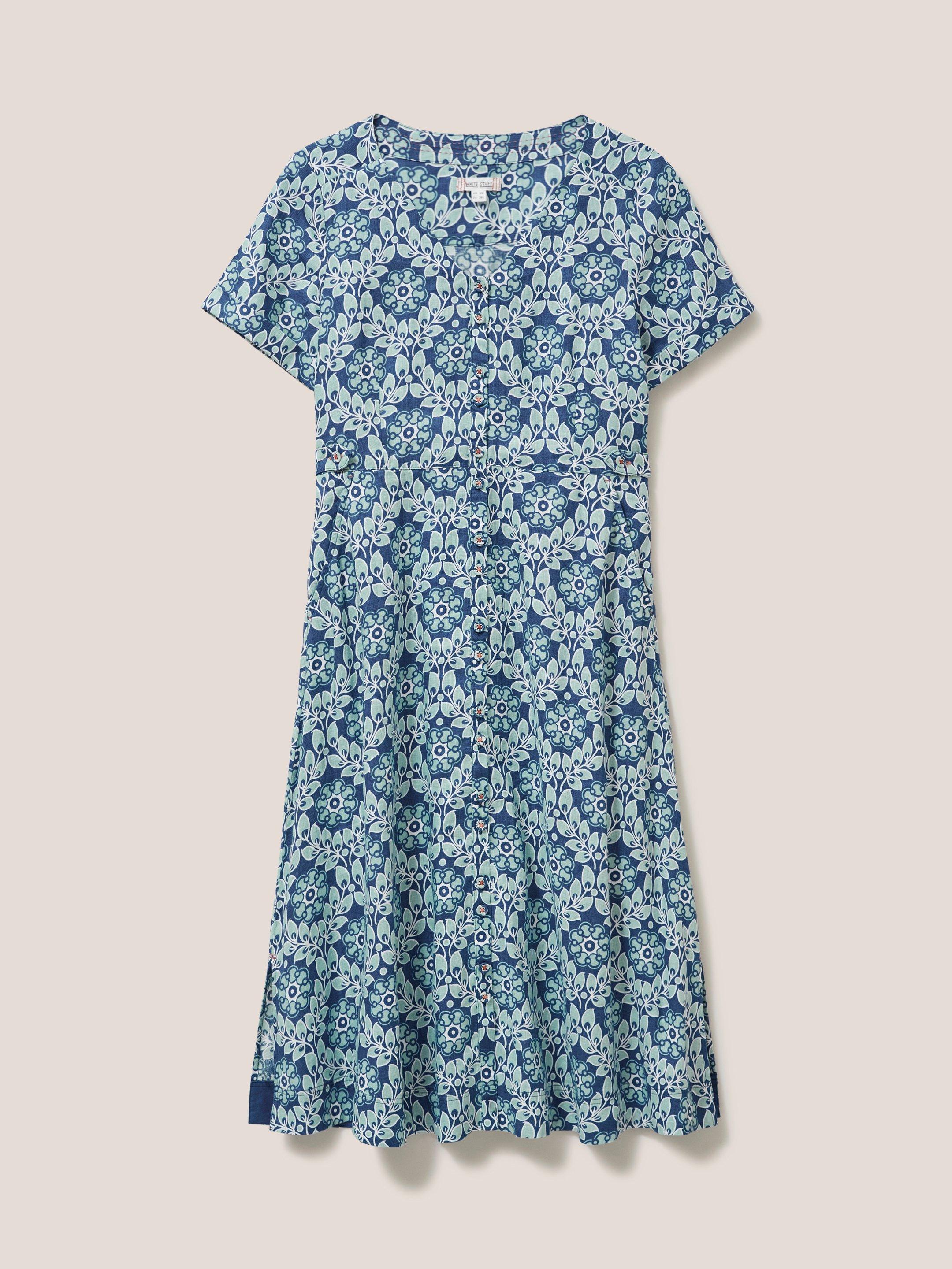 Ivy Linen Short Sleeve Midi Dress in BLUE PR - FLAT FRONT