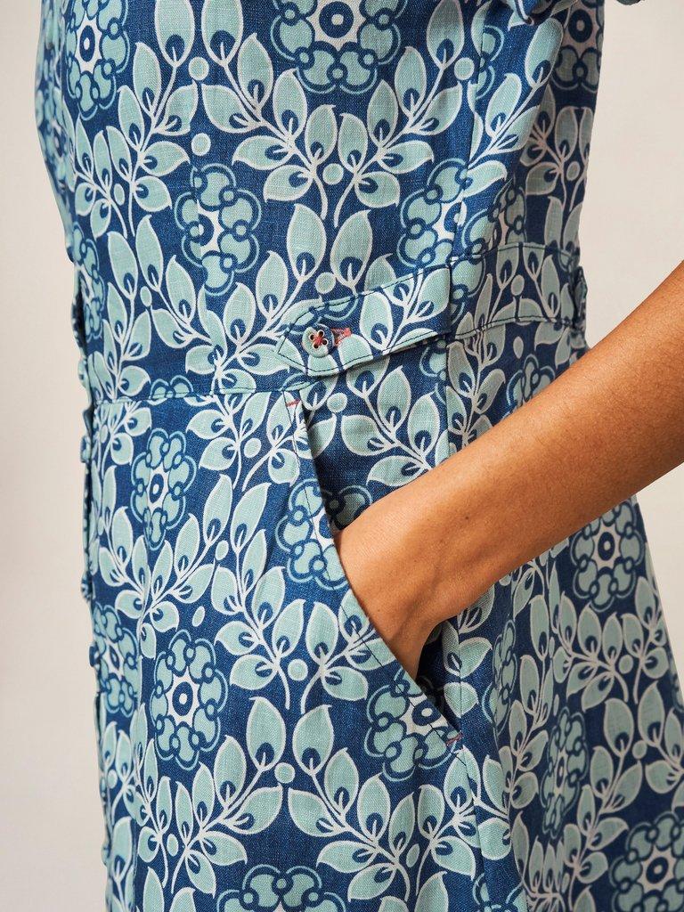 Ivy Linen Short Sleeve Midi Dress in BLUE PR - MODEL DETAIL