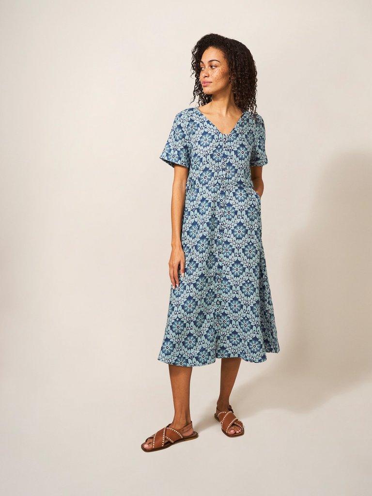 Ivy Linen Short Sleeve Midi Dress in BLUE PR - MODEL FRONT