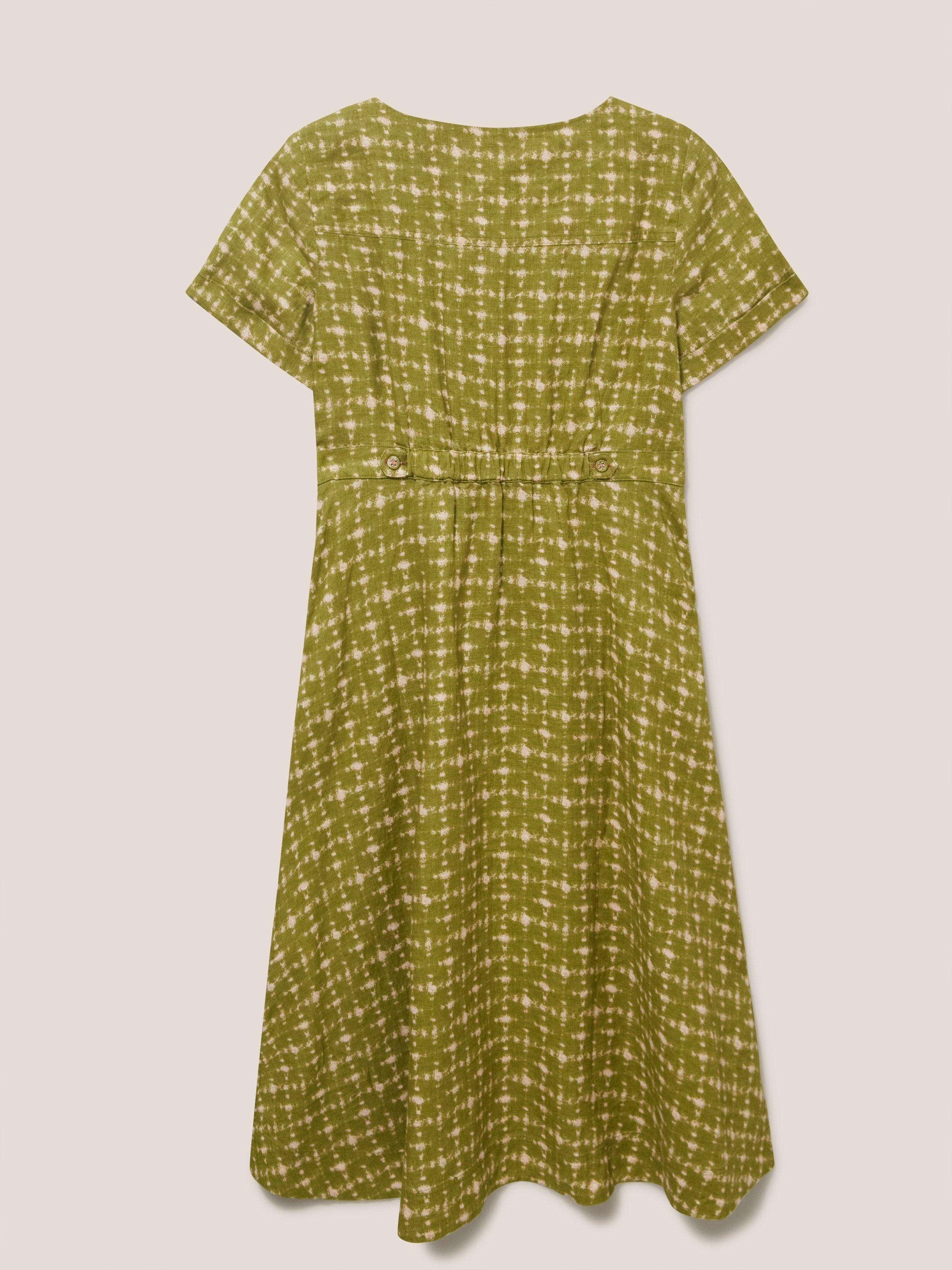 Ivy Linen Short Sleeve Midi Dress in GREEN PR - FLAT BACK