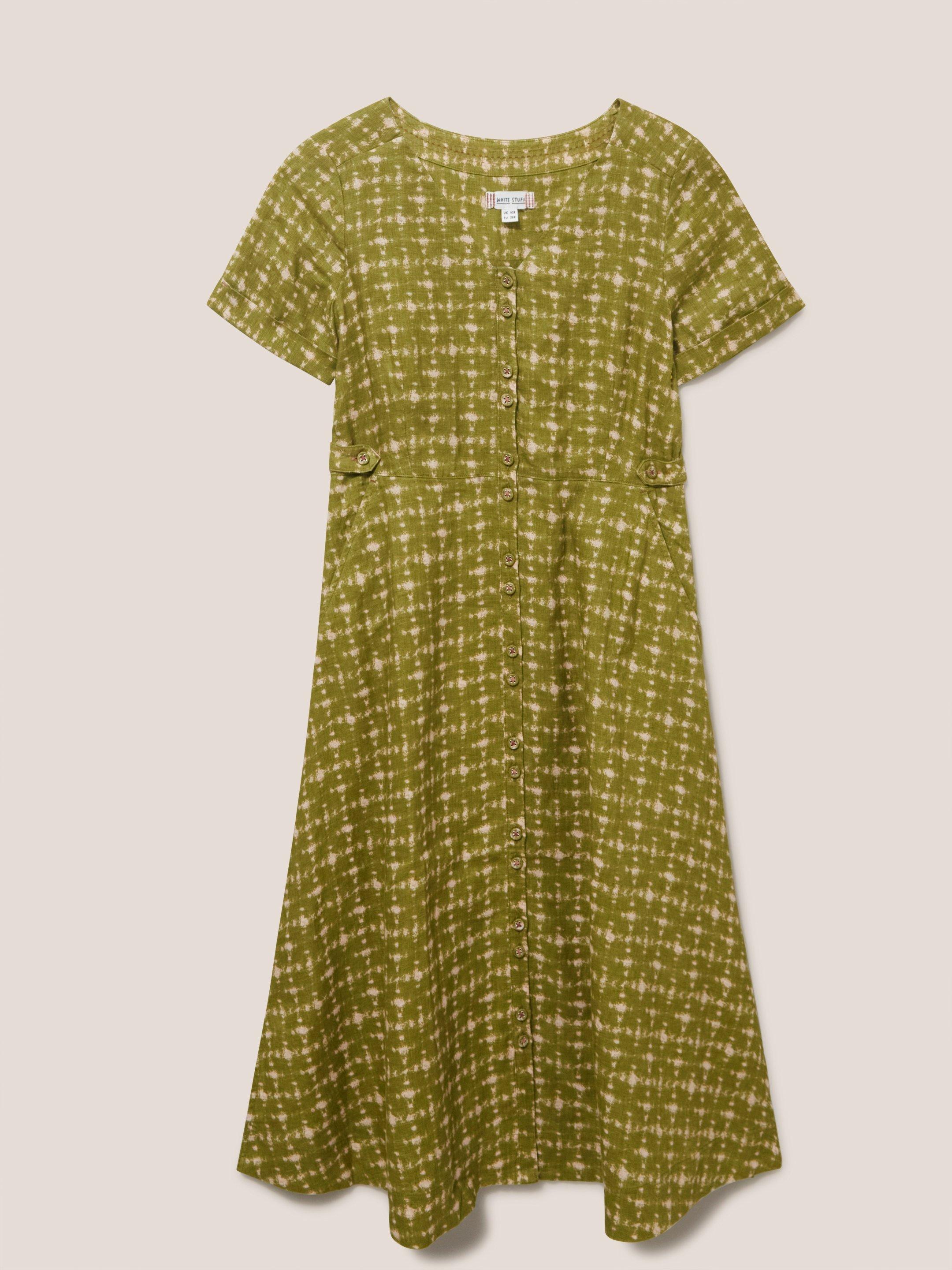 Ivy Linen Short Sleeve Midi Dress in GREEN PR - FLAT FRONT
