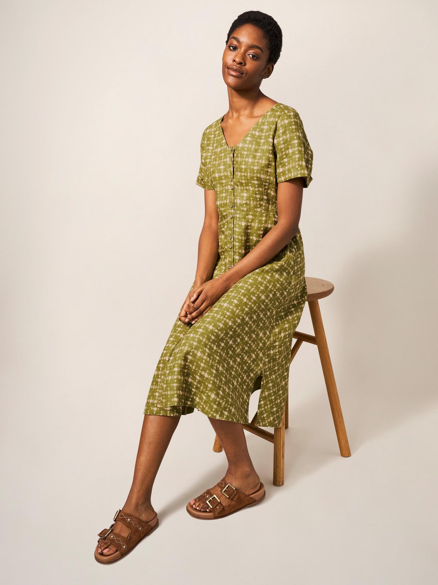 Ivy Linen Short Sleeve Midi Dress in GREEN PR - LIFESTYLE