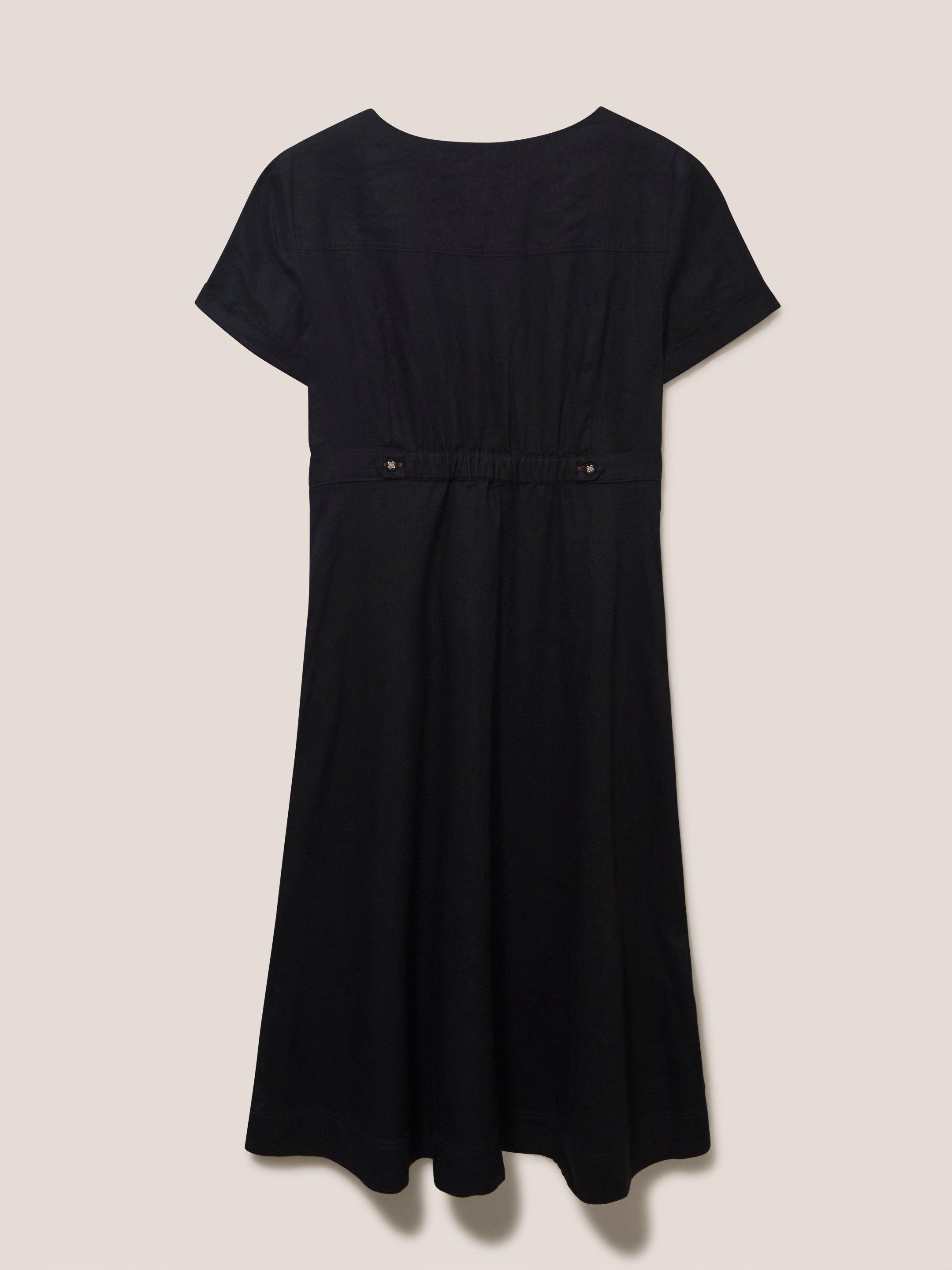 Ivy Linen Short Sleeve Midi Dress in PURE BLK - FLAT BACK