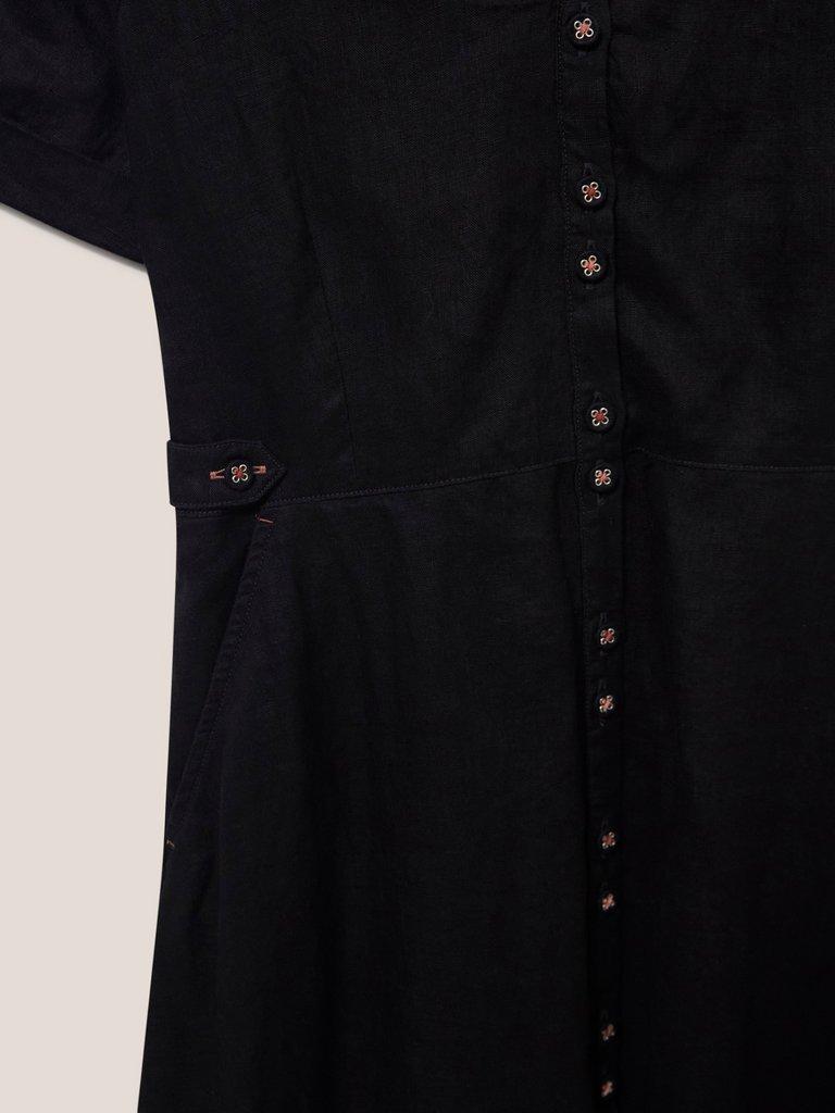 Ivy Linen Short Sleeve Midi Dress in PURE BLK - FLAT DETAIL