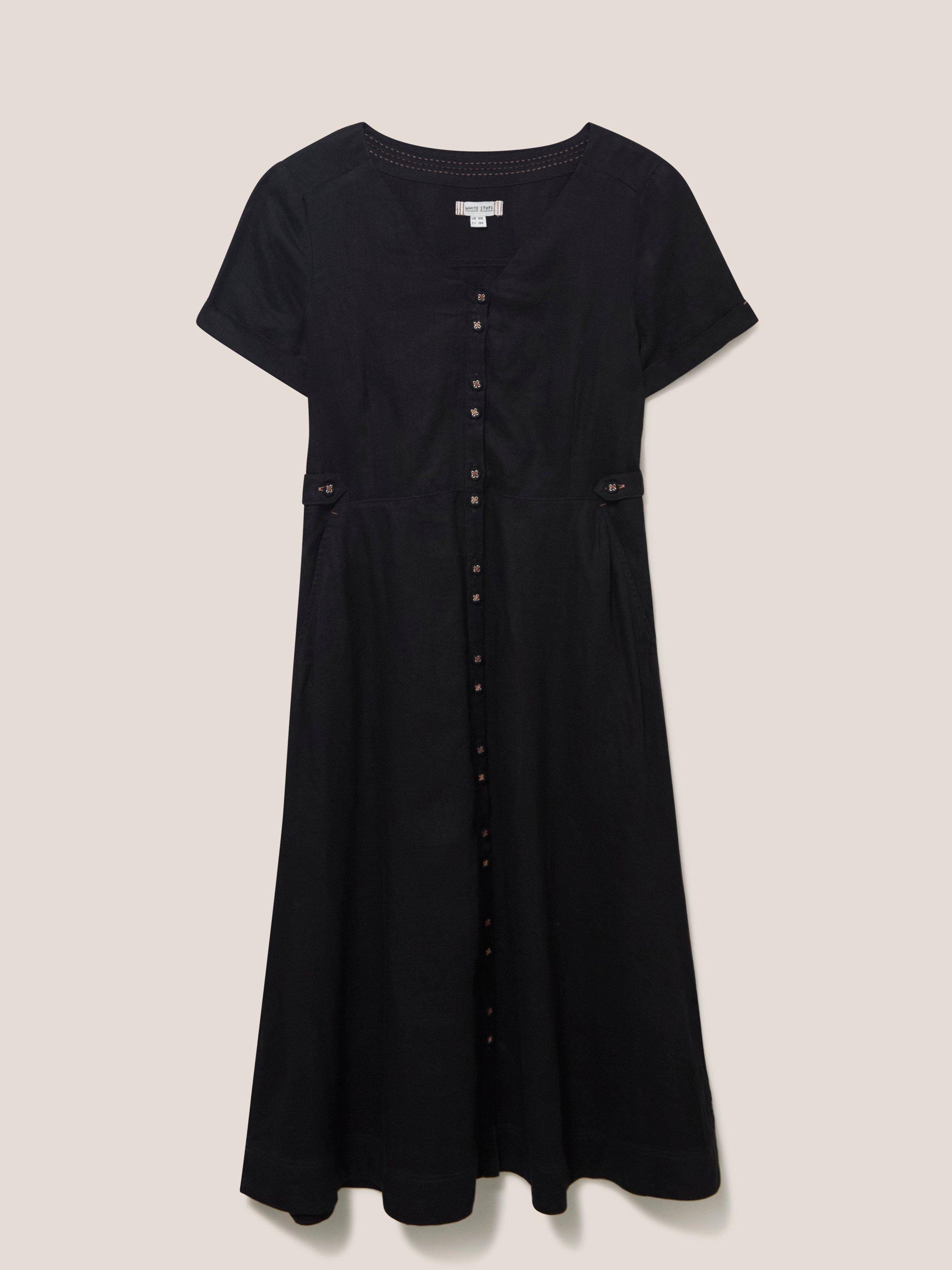 Ivy Linen Short Sleeve Midi Dress in PURE BLK - FLAT FRONT