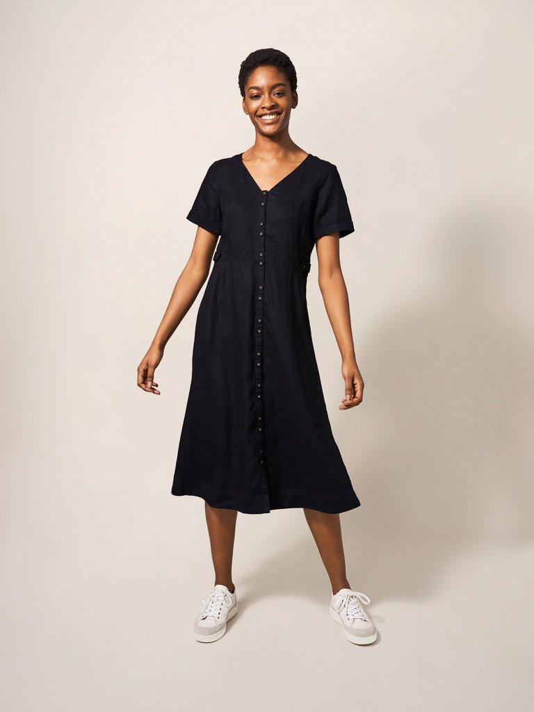 Ivy Linen Short Sleeve Midi Dress in PURE BLACK