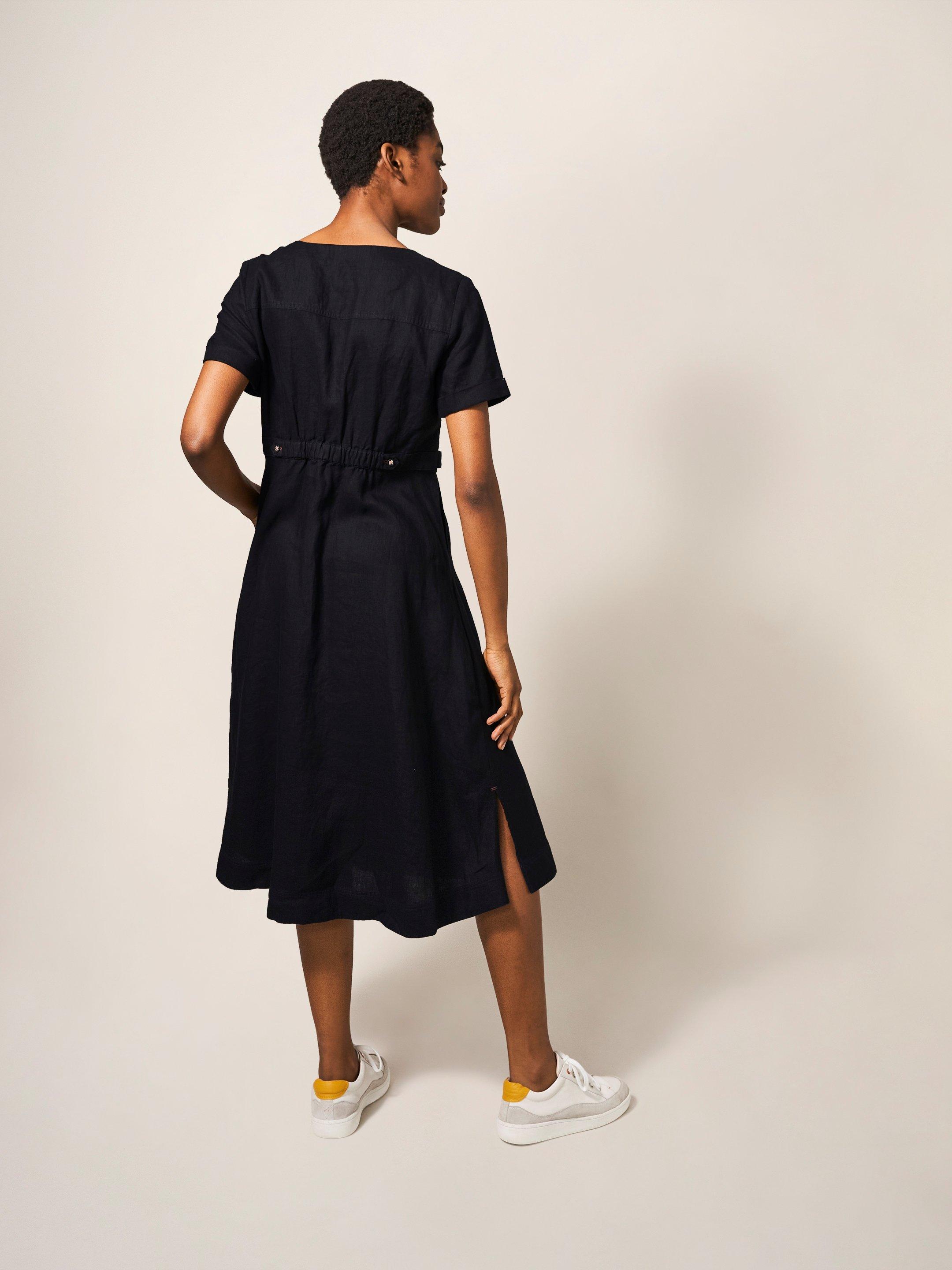 Ivy Linen Short Sleeve Midi Dress in PURE BLK - MODEL BACK