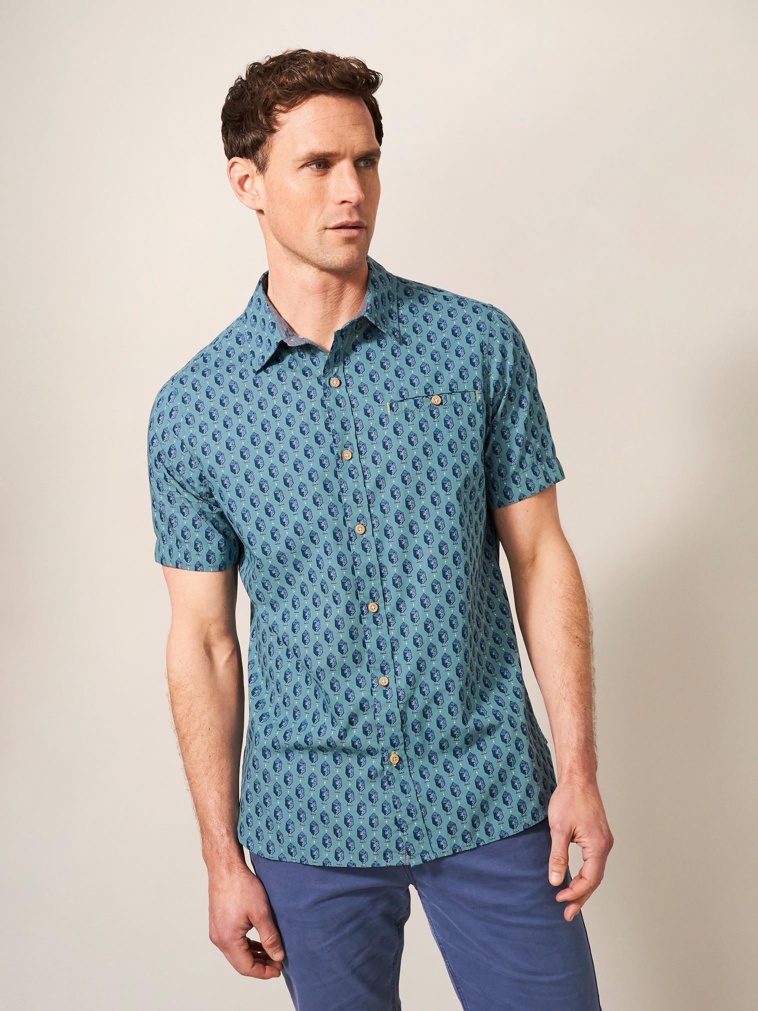 Linear Fish Printed SS Shirt in MINT GREEN - LIFESTYLE