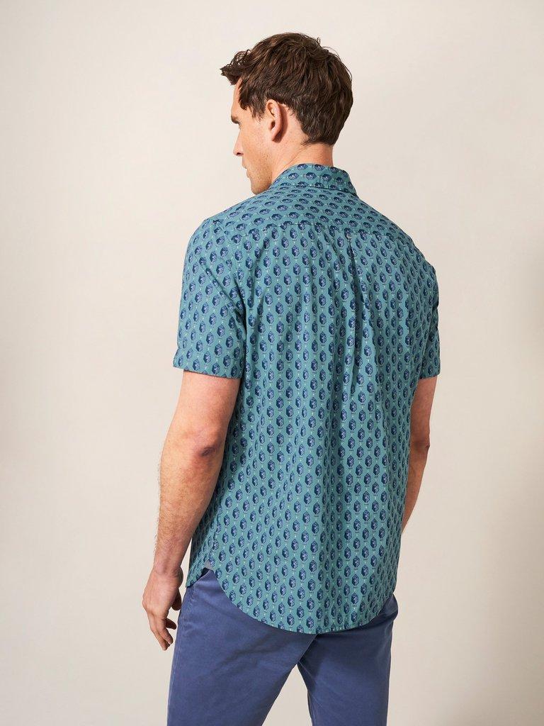 Linear Fish Printed SS Shirt in MINT GREEN - MODEL BACK