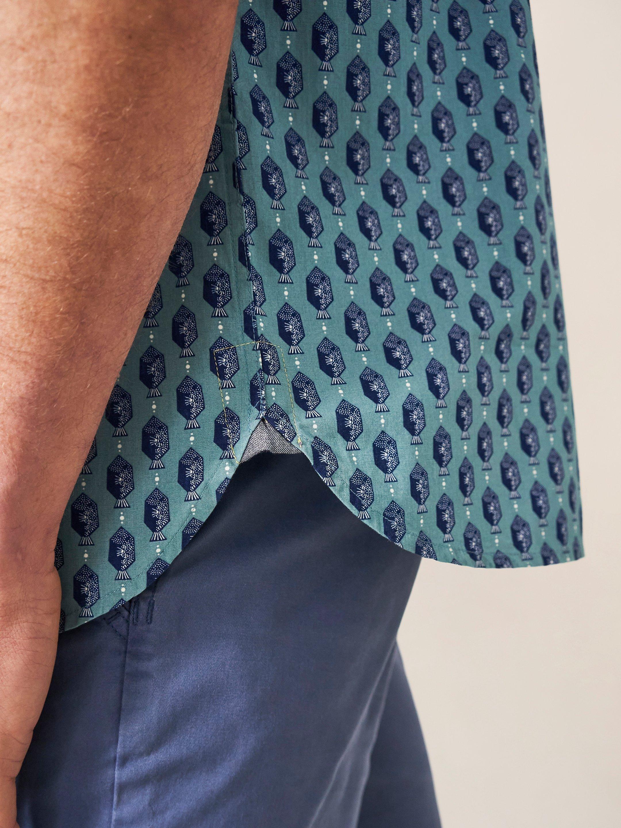 Linear Fish Printed SS Shirt in MINT GREEN - MODEL DETAIL