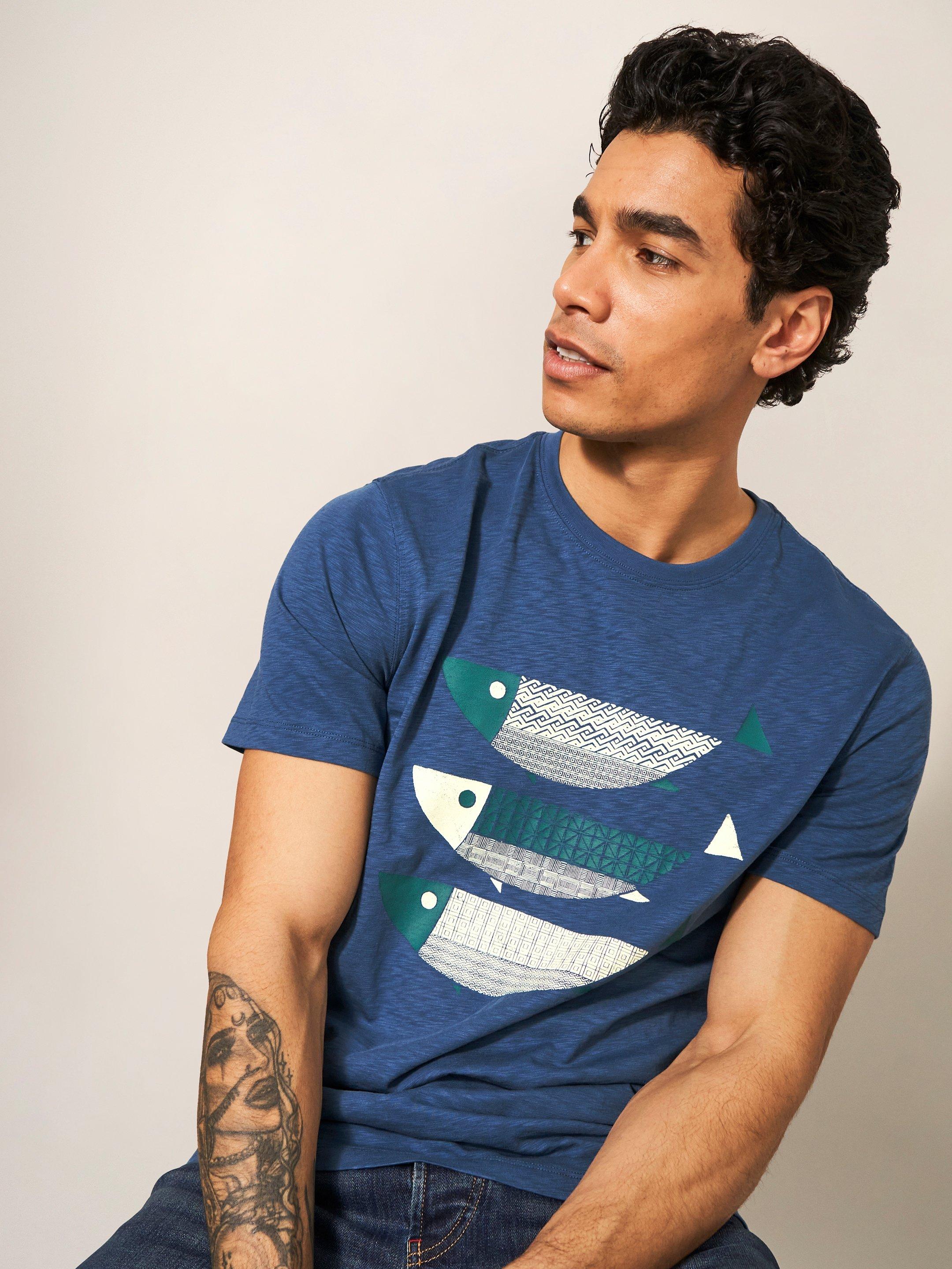 Fish Graphic Tee in MID BLUE - MODEL FRONT