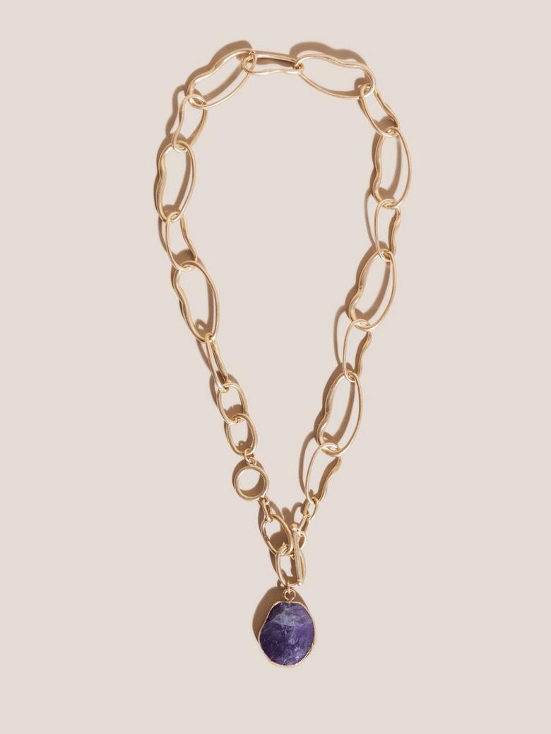 White Stuff Chain Necklace with T-Bar Clasp and Stone Pendant Elegant Jewellery