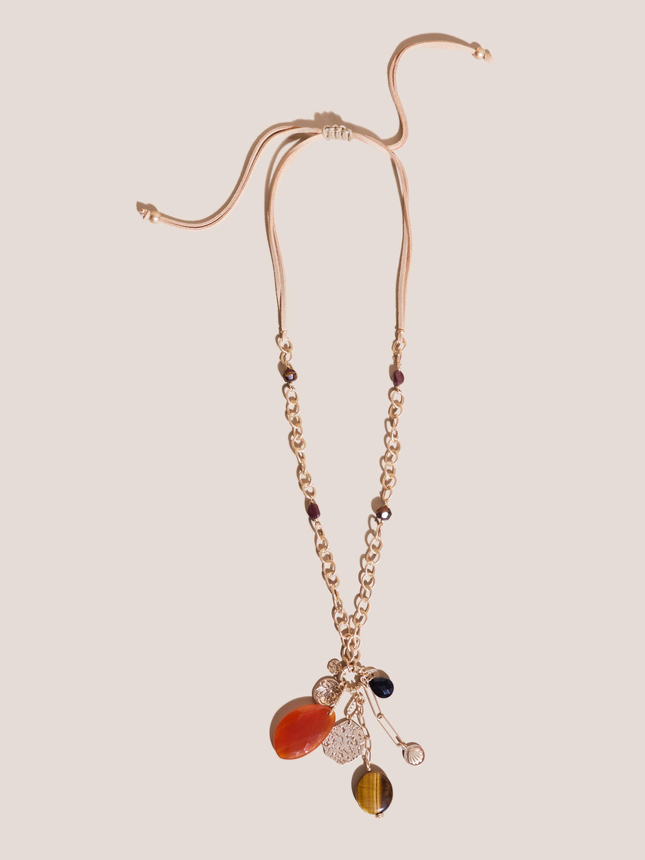 Long Chain Stone Necklace in BROWN MLT - MODEL FRONT