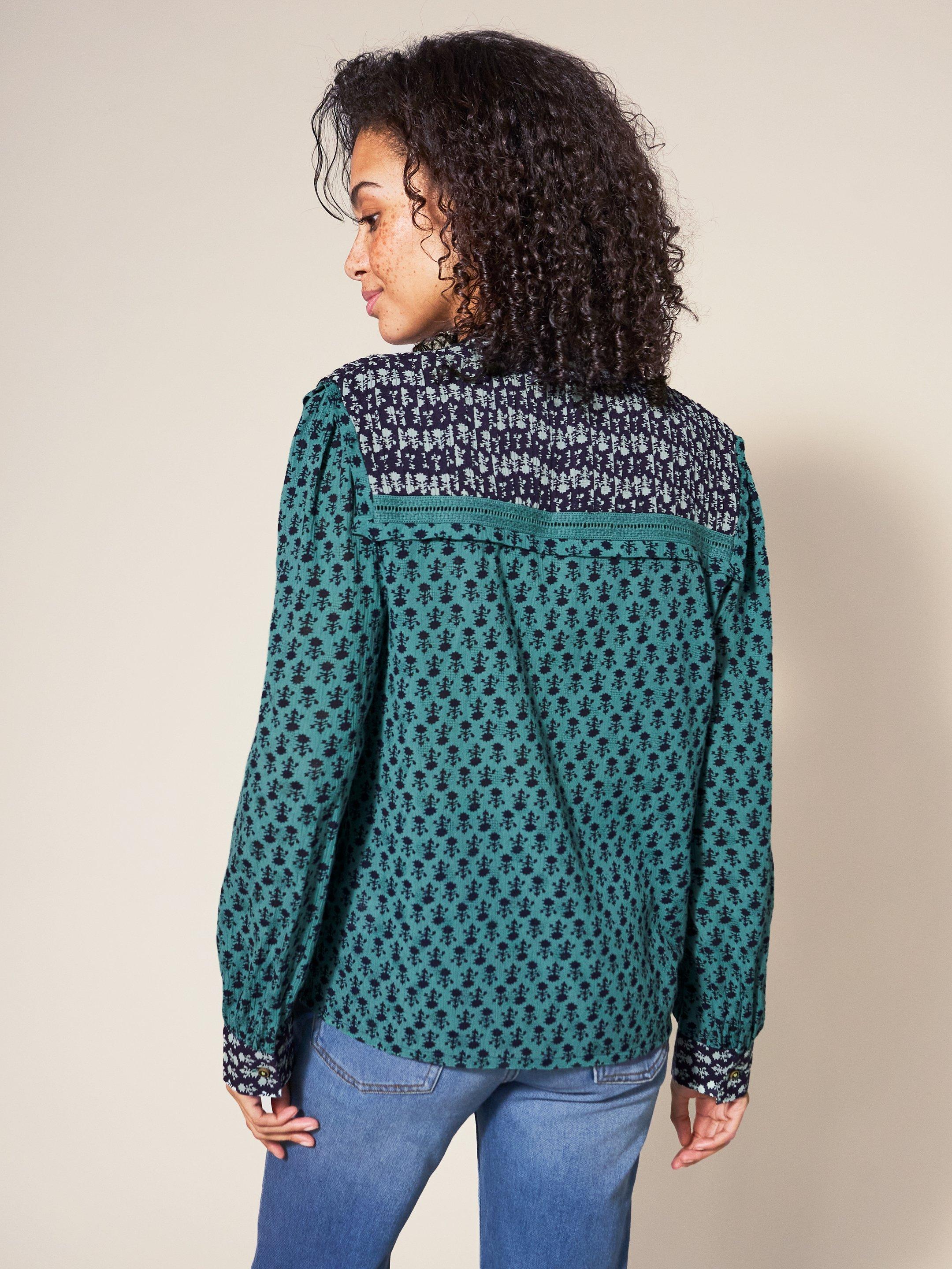 Mabel Mixed Print Shirt in TEAL MLT - MODEL BACK
