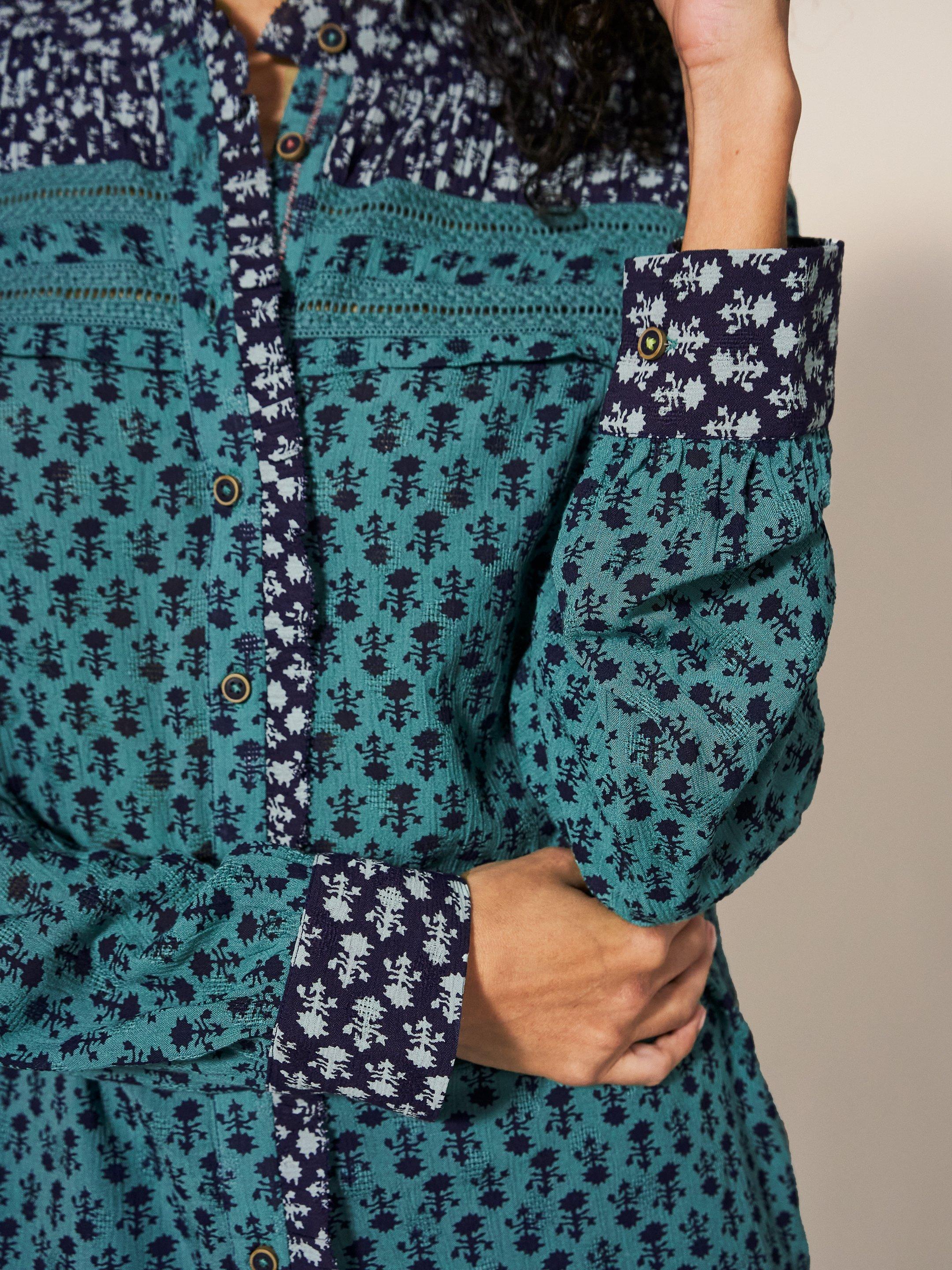 Mabel Mixed Print Shirt in TEAL MLT - MODEL DETAIL
