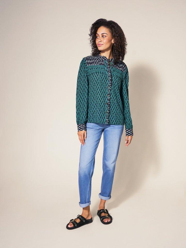 Mabel Mixed Print Shirt in TEAL MLT - MODEL FRONT