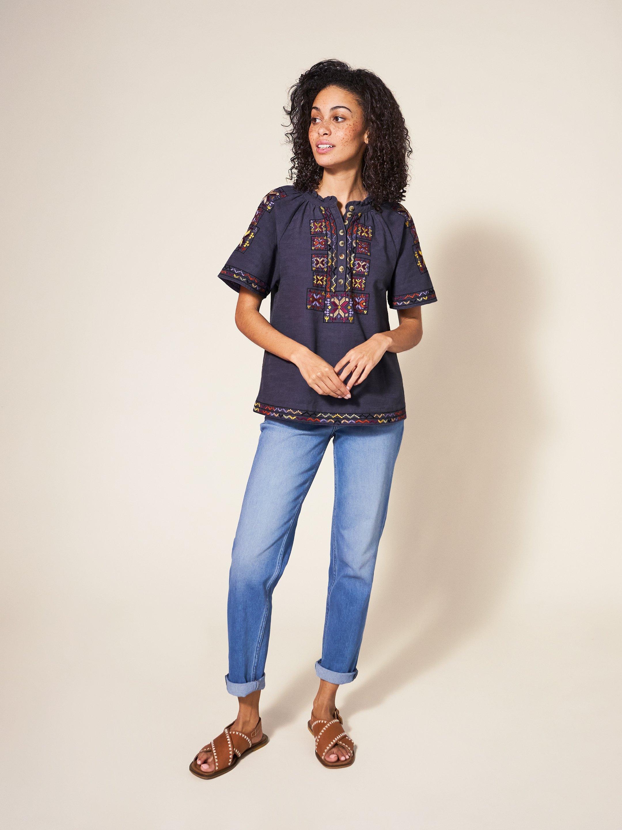 Frida Embroidered Blouse in PURPLE MLT - MODEL FRONT